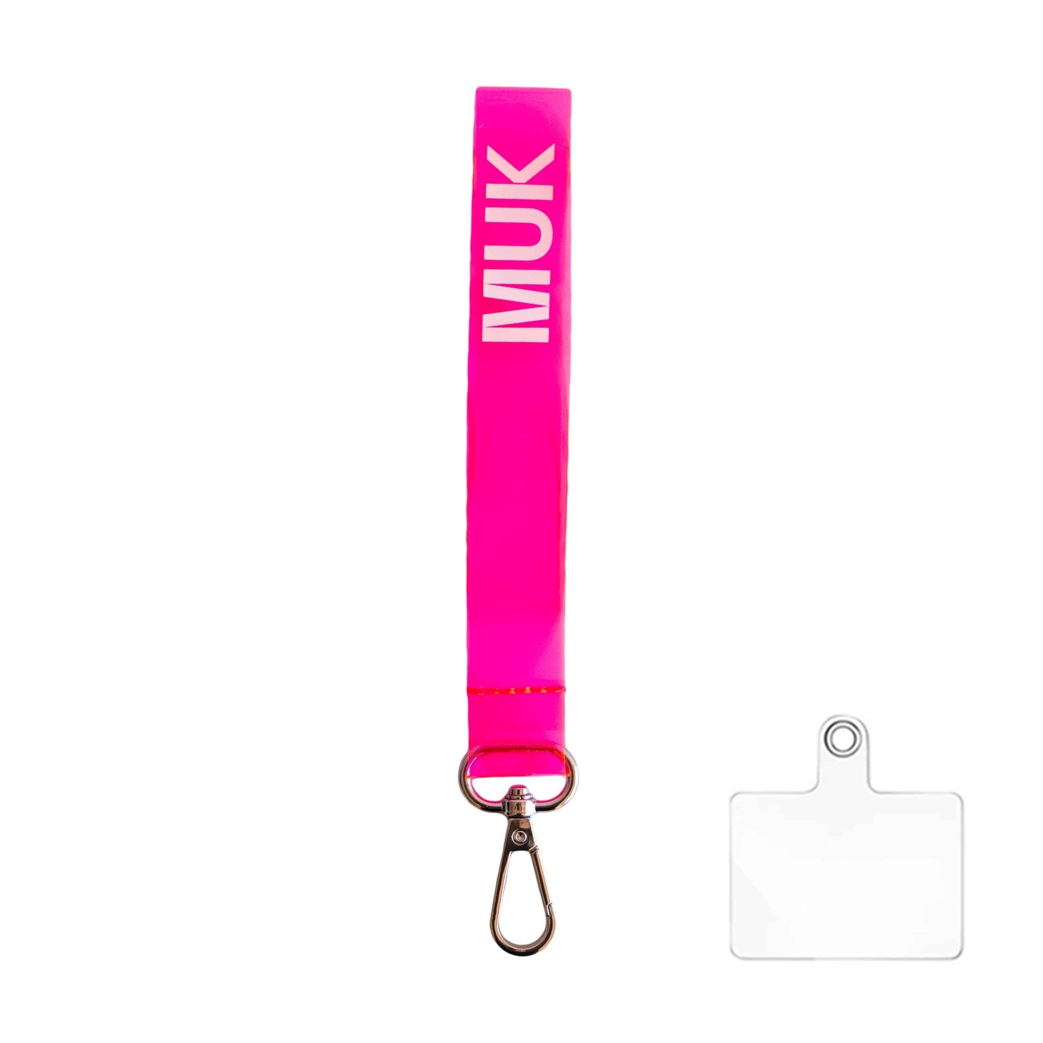Cuerda semitransparente de color rosa flúor con la opción de personalización y el logo de Muk. Dispone de un mosquetón para poder usar como phonestrap con el adaptador de cuerda universal (incluido), o bien, como llavero.
