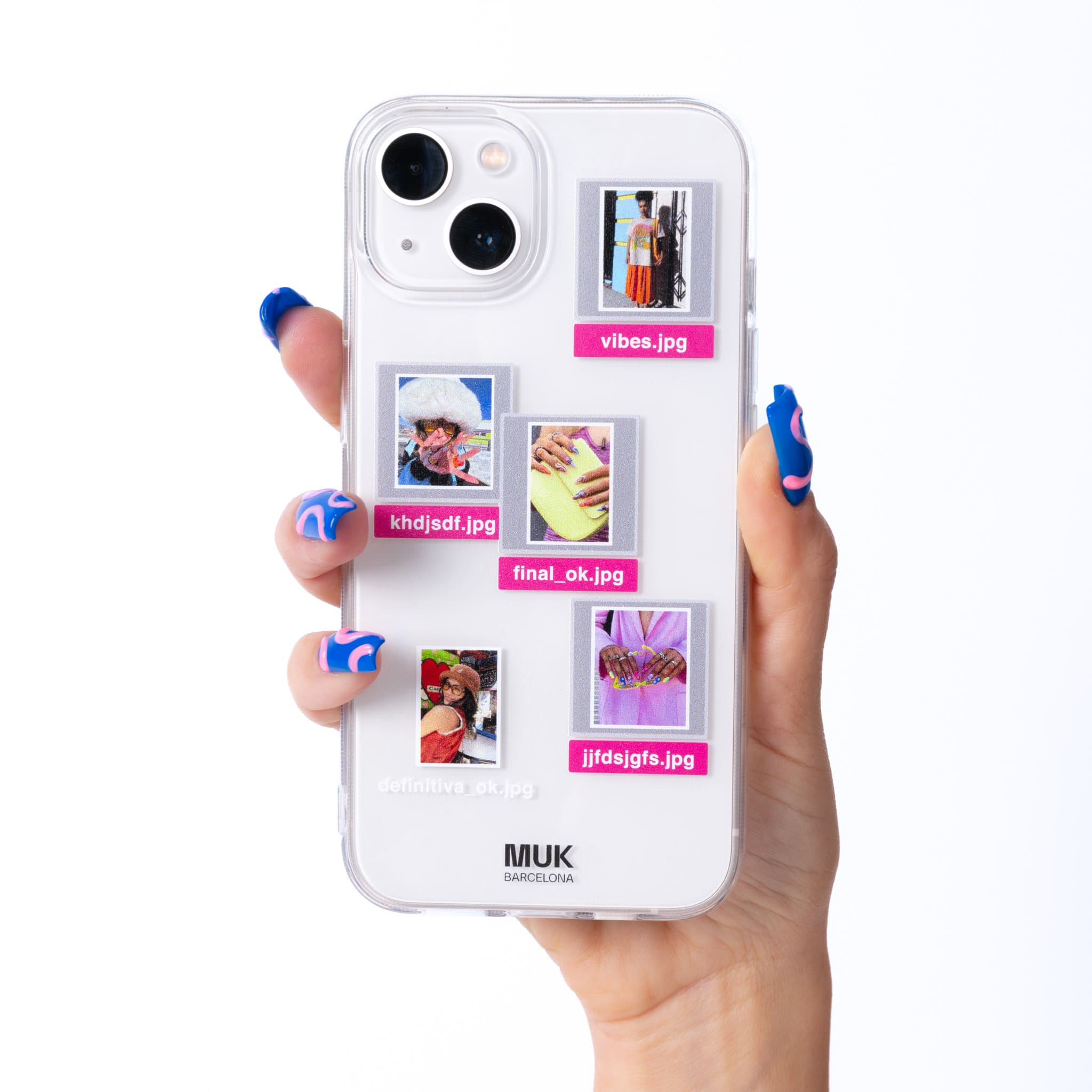 Funda de móvil transparente personalizada pie de foto con 5 fotos de la galería personalizables.
