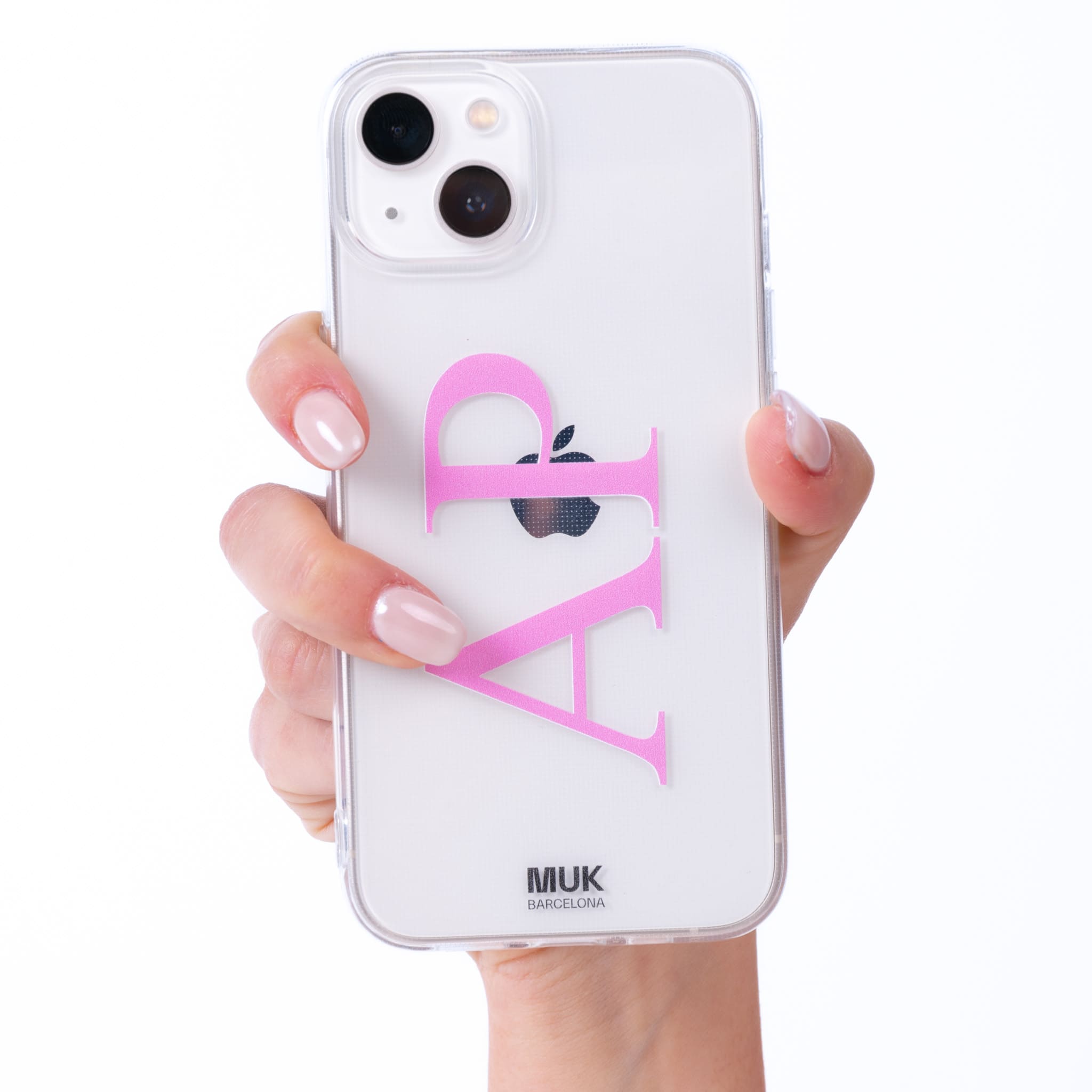 Funda de móvil transparente personalizada máximo 3 iniciales con diseño de tipografía elegante en 12 colores.
