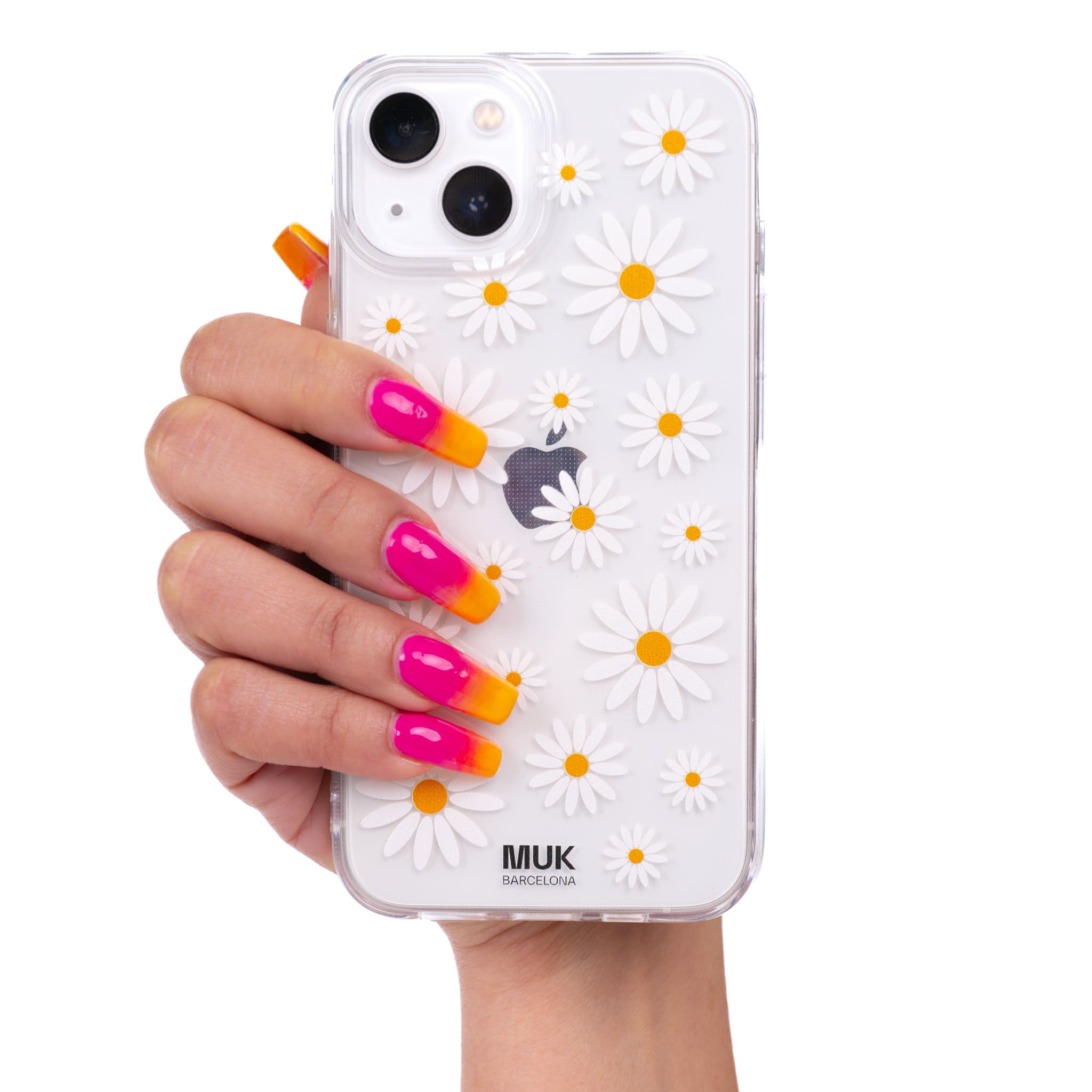 Clear Phone Case with white daisies of different sizes.
