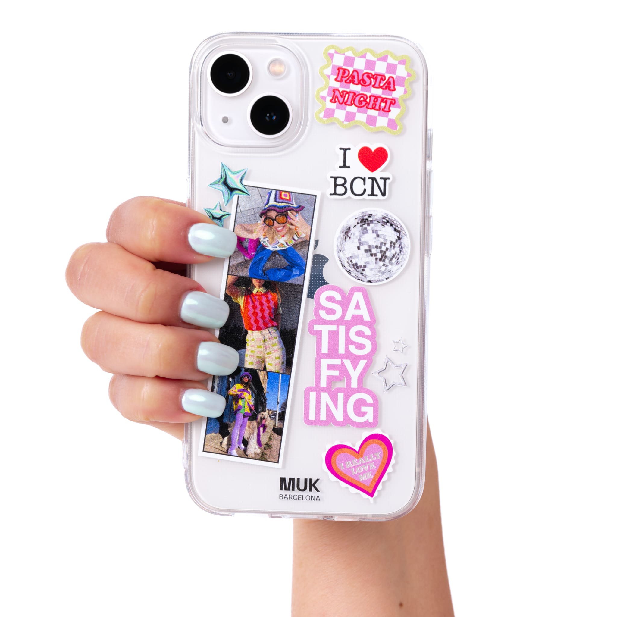 Funda de móvil transparente stickers aesthetic con 3 fotos personalizadas.
