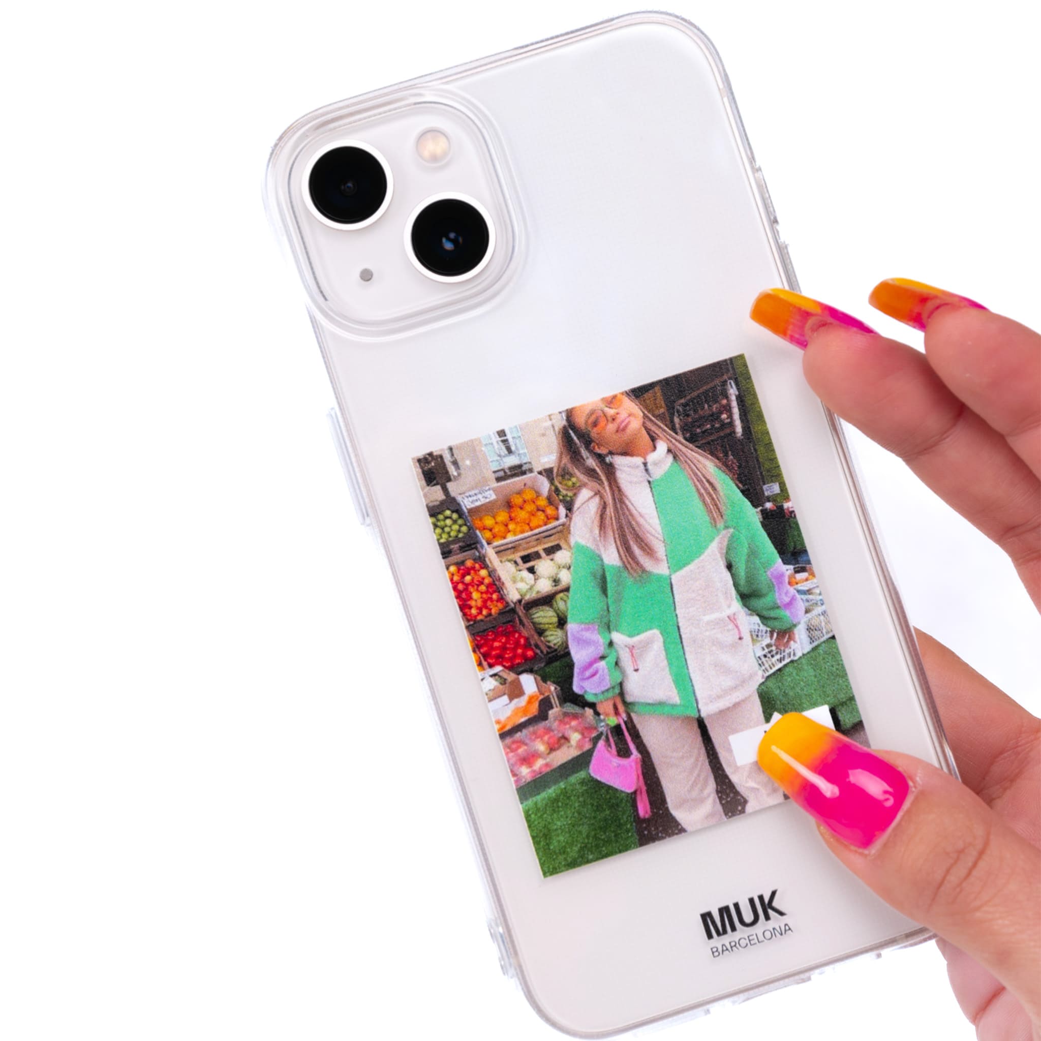 Funda de móvil transparente foto personalizada con etiqueta personalizable.
