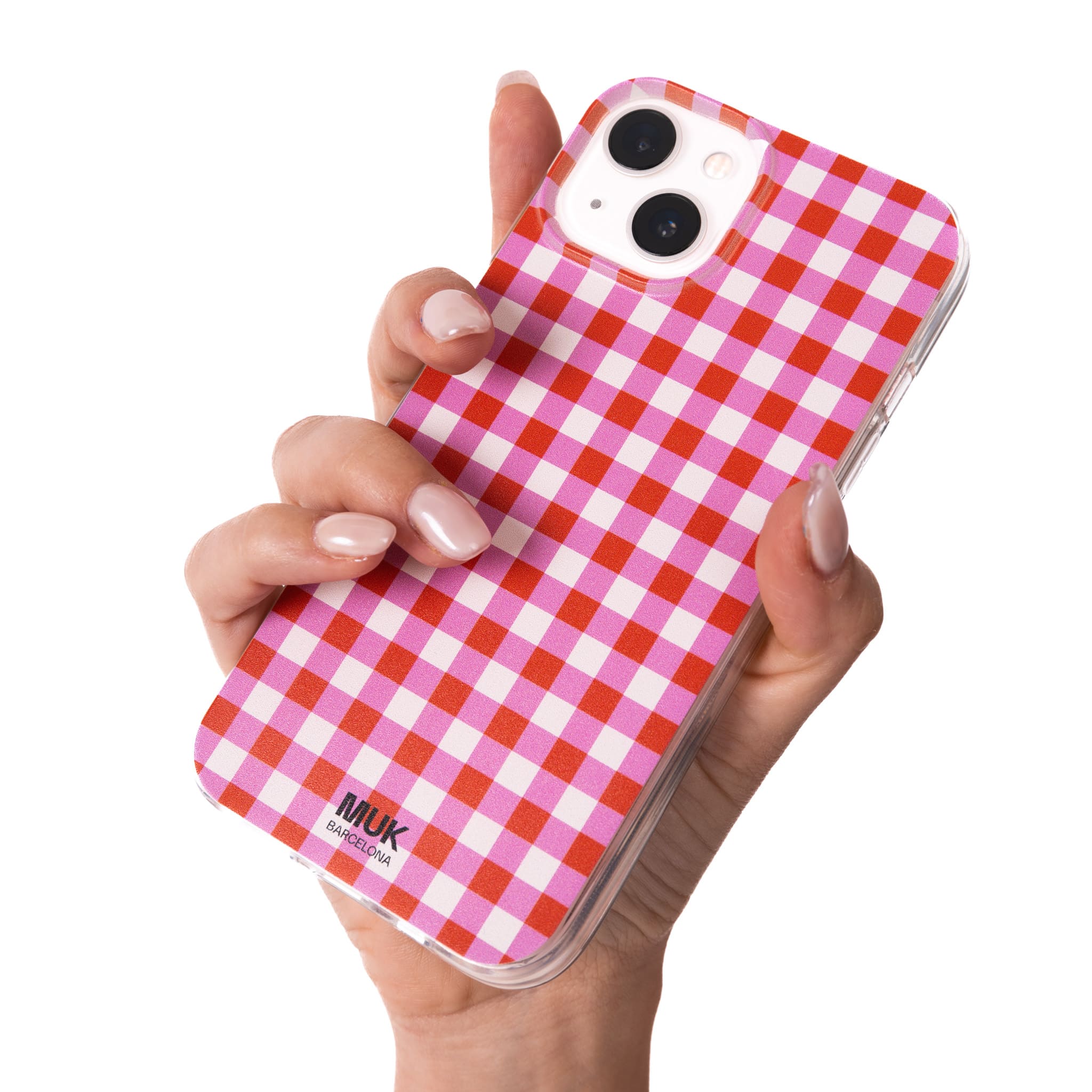 Clear Phone Case with Vichy check pattern in pink, red and white.
