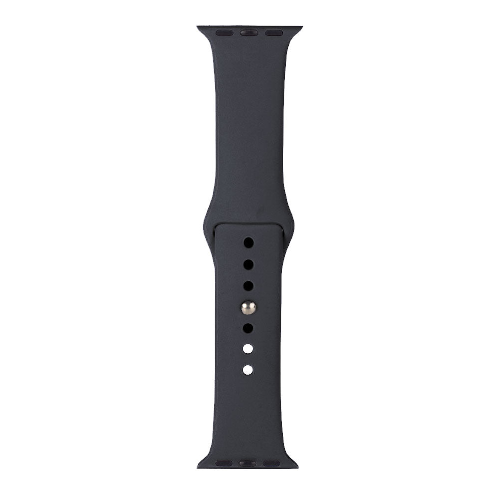 Apple watch strap in black silicone available in two sizes.
