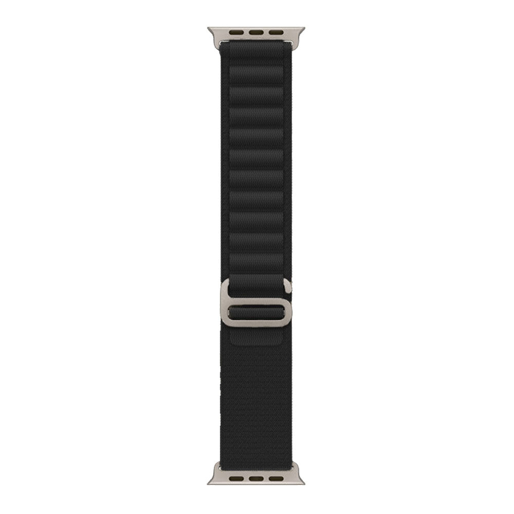 Adjustable black nylon Apple watch strap.
