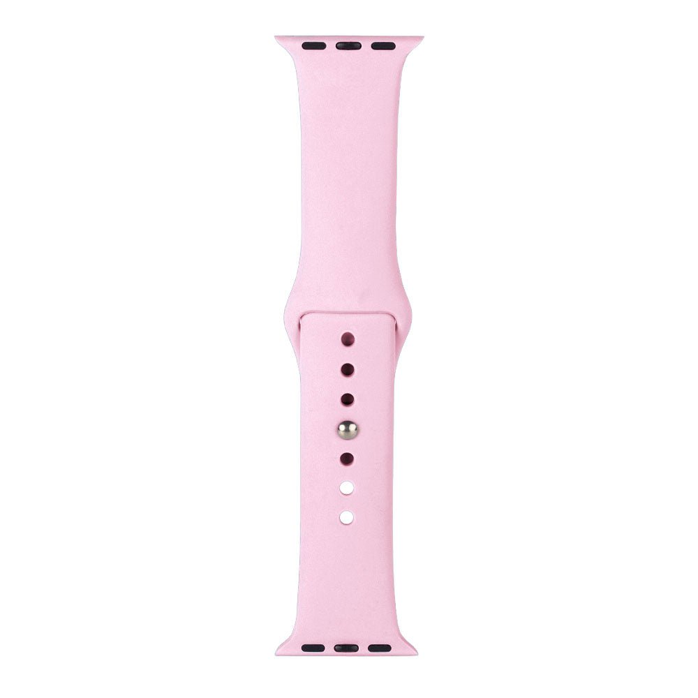 Apple watch strap in pink silicone available in two sizes.
