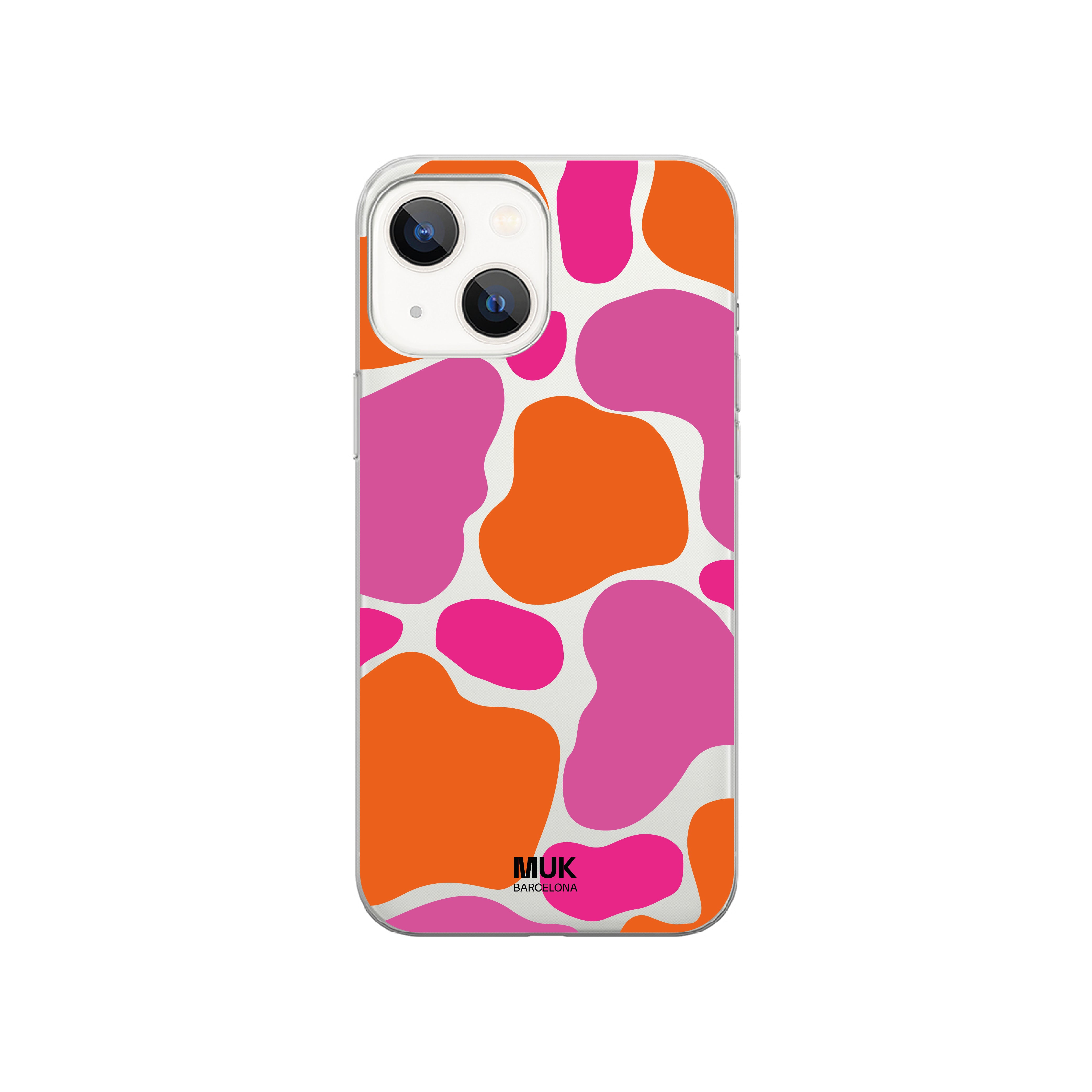 Clear Phone Case with orange, pink and lilac cow print.
