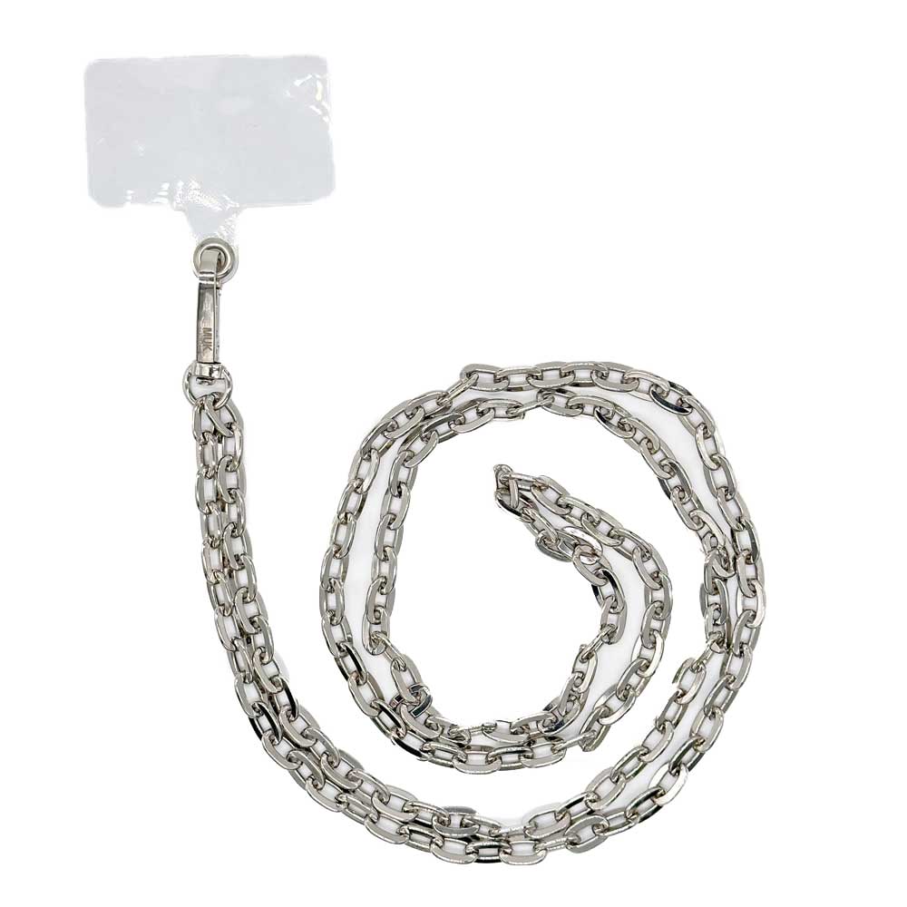 Universal silver chain 61cm long adaptable to any model and Phone Case. Universal transparent plastic adapter is included.
