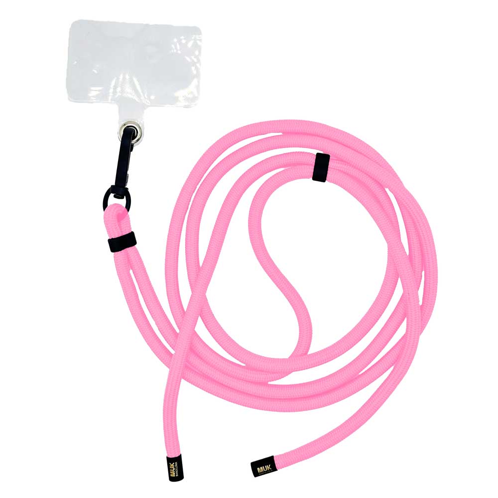 Cuerda Universal rosa de 75cm de largo adaptable a cualquier modelo y funda de móvil. Viene incluido adaptador universal de plástico transparente. 

