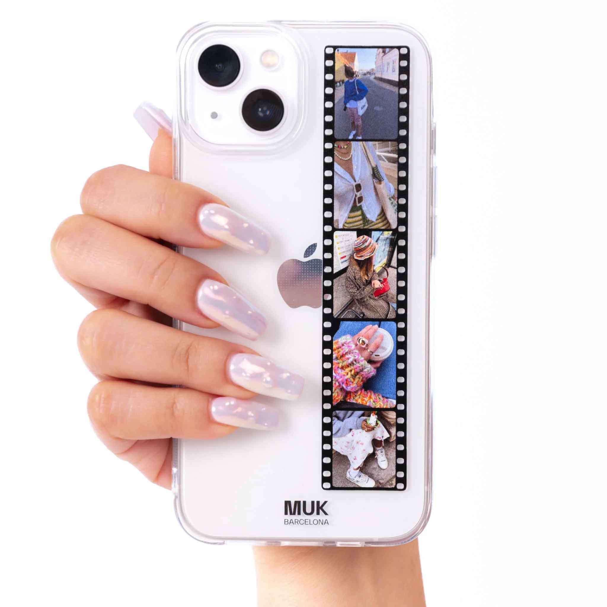 Funda de móvil transparente personalizada carrete de 4 fotos vertical. Combina tus fotos favoritas de manera instantánea