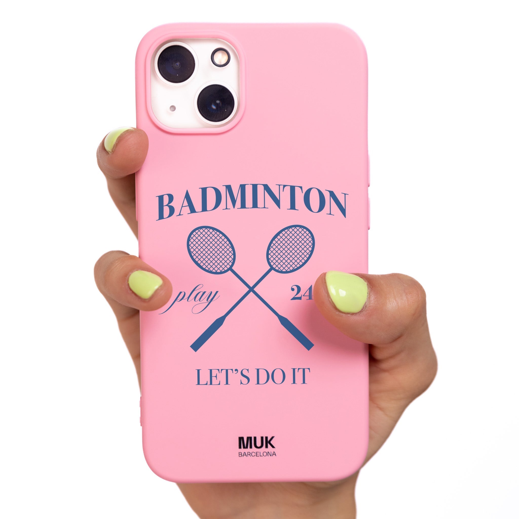 Pink TPU  case with blue badminton rackets design.
