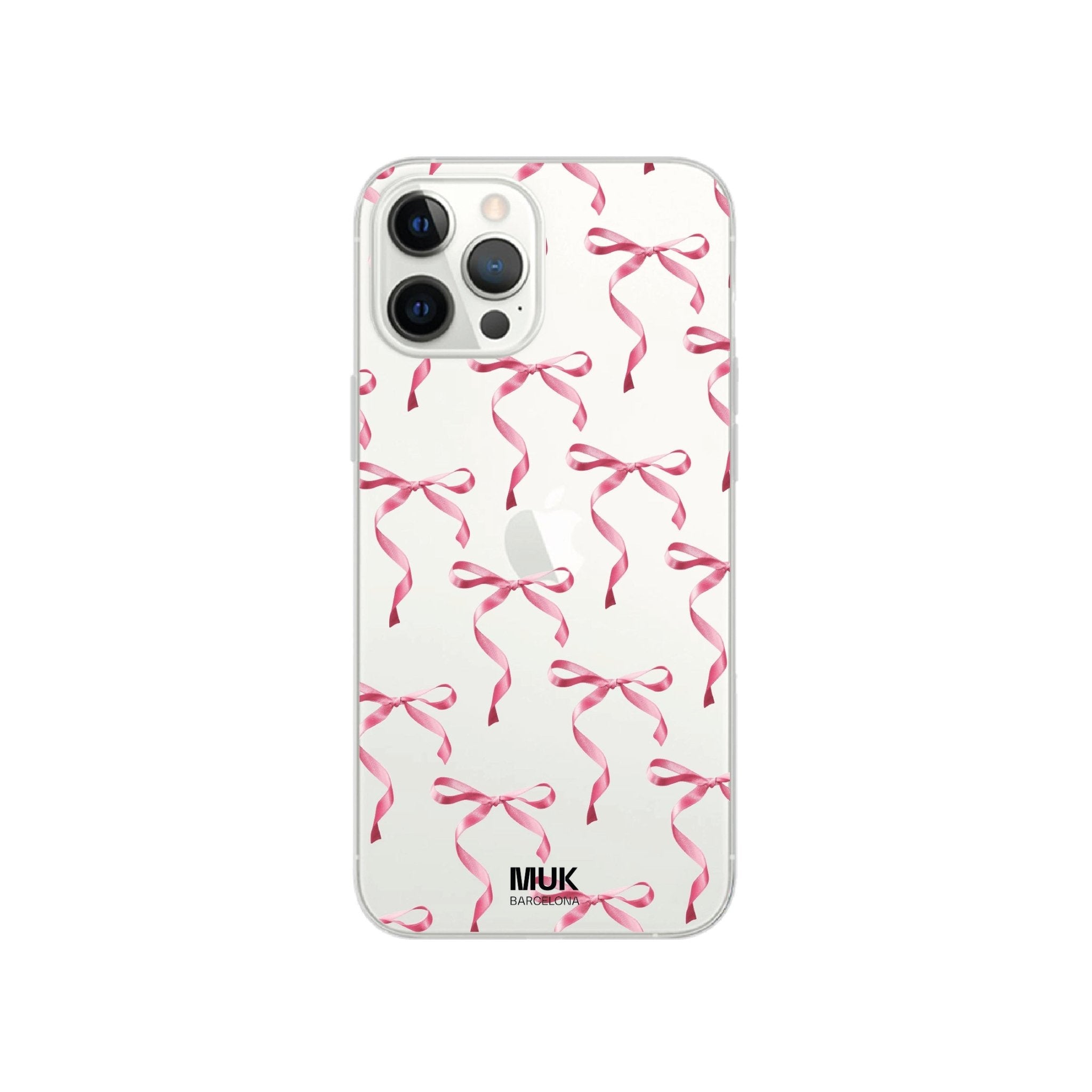 Clear TPU cell phone case with repeating pink bow print.
