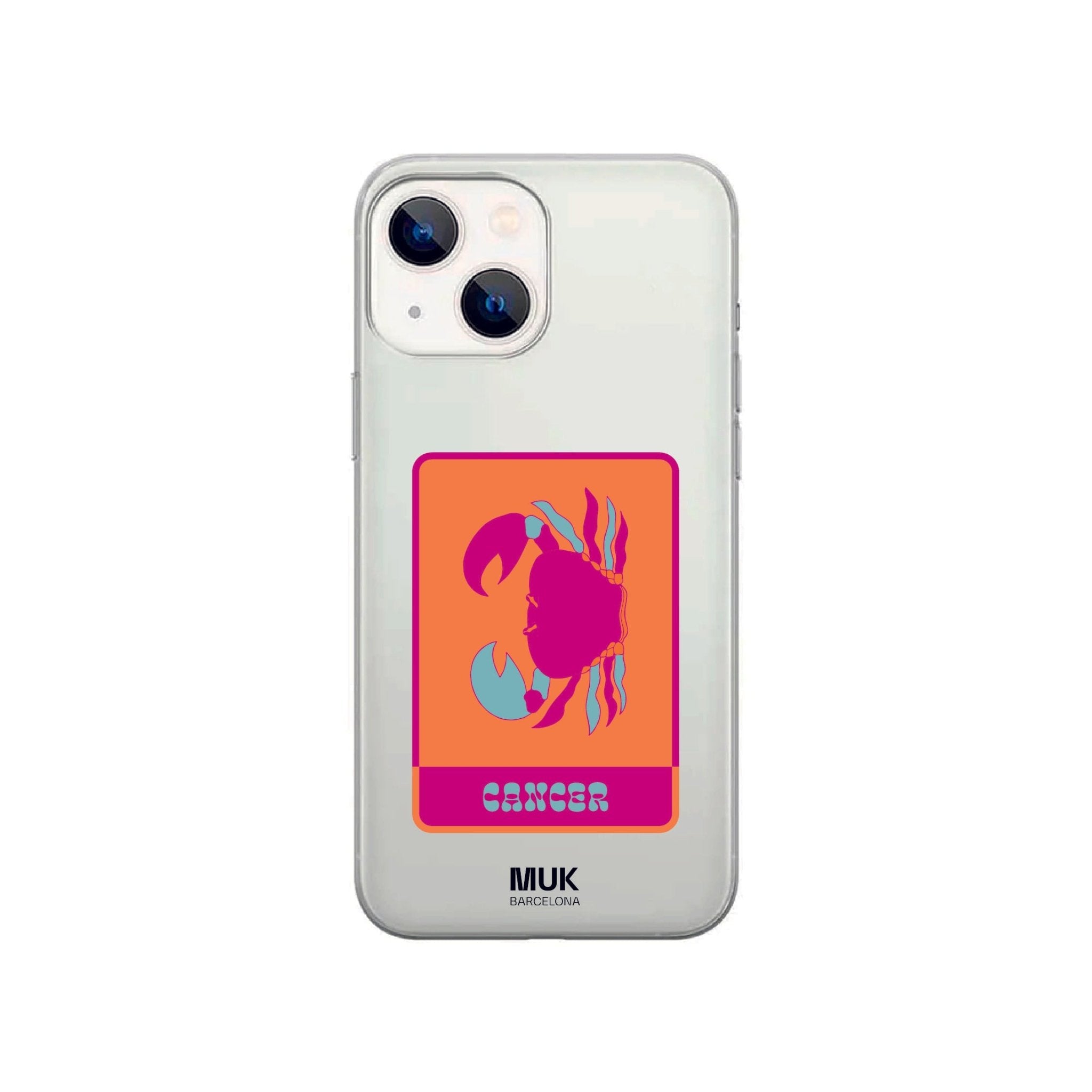 Clear phone case with the zodiac sign Cancer in orange, pink and sky blue.
