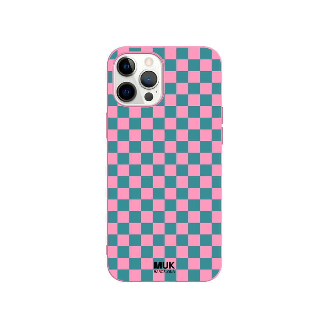Pink TPU Phone Case with distorted checkered pattern in lagoon color.
