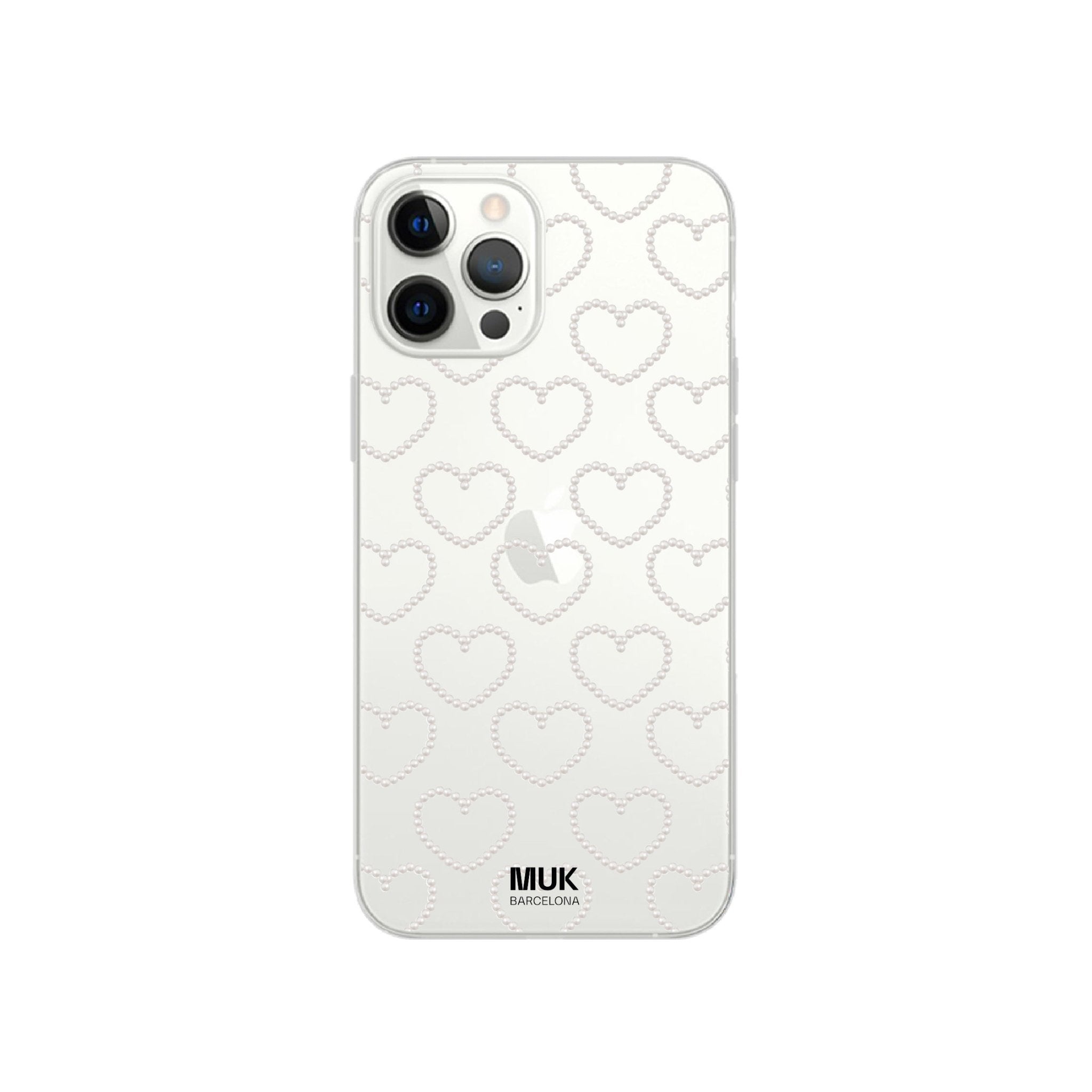 Clear TPU cell phone case with pearl hearts print.
