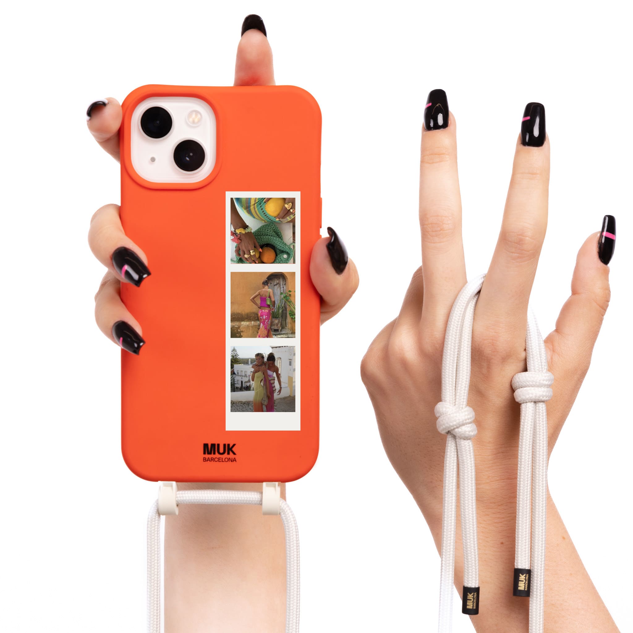 Funda de móvil compatible con MagSafe personalizada con carrete de 3 fotos sobre base de color teja. Fundas de móvil con carga inalámbrica (a partir del iPhone12).
