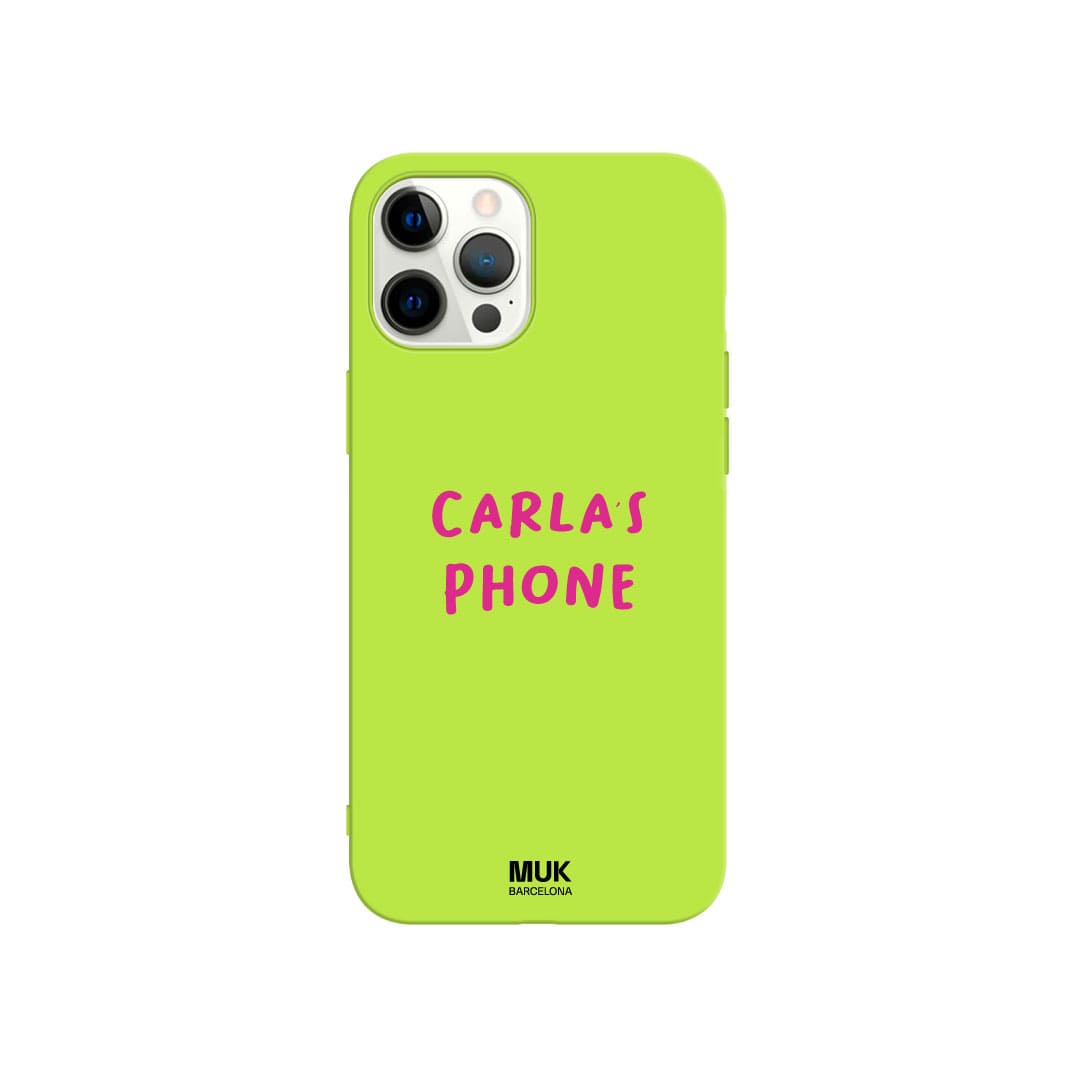 Lime TPU  case with text and personalized name with handwritten typography.
