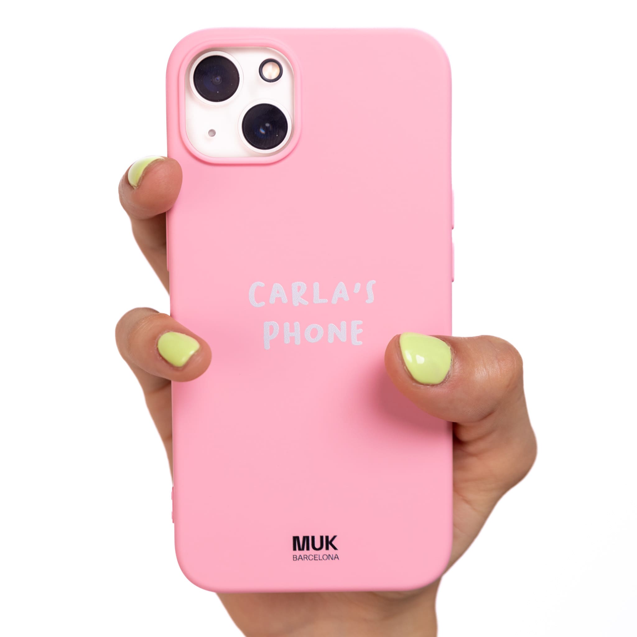 Pink TPU  case with text and personalized name with handwritten typography.
