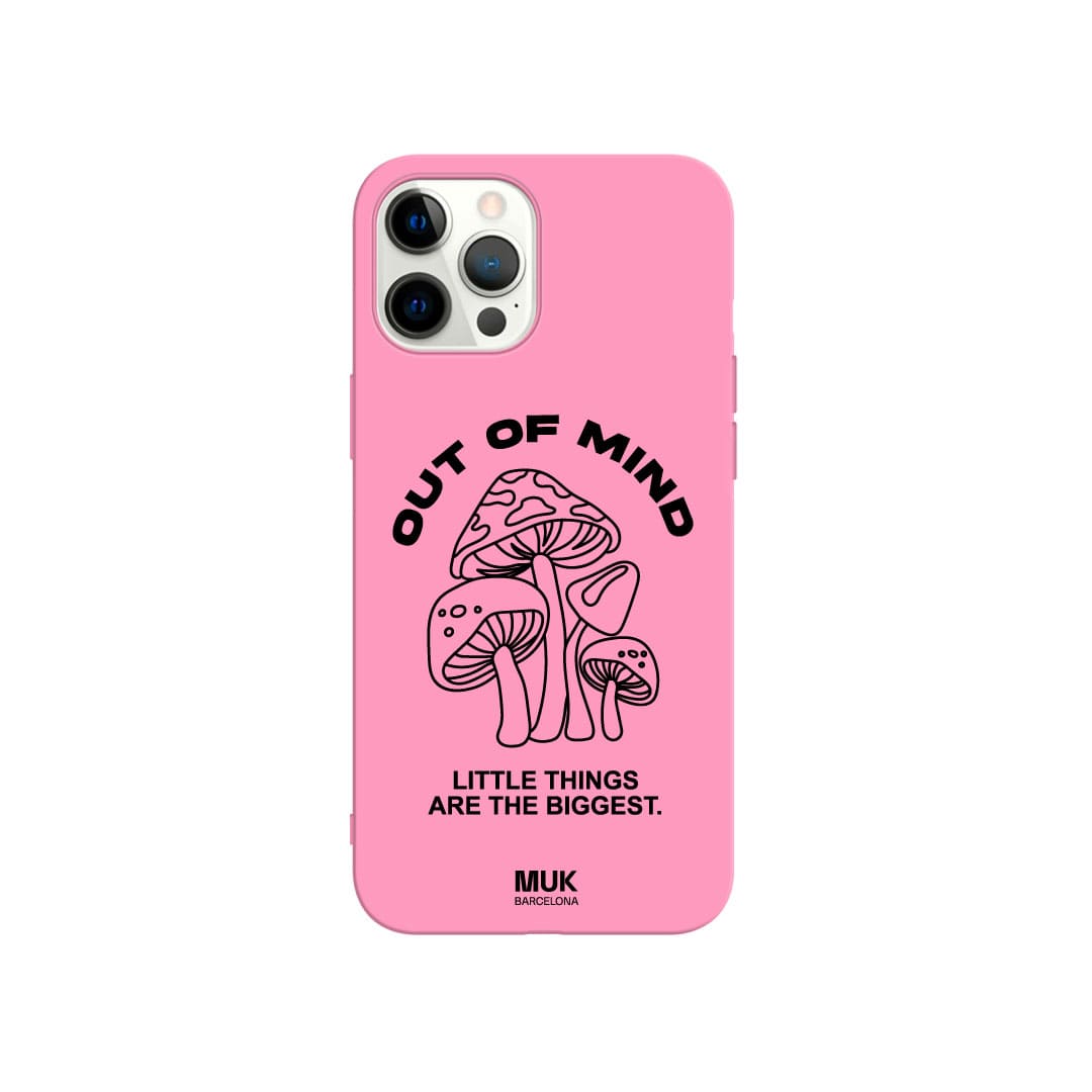 Pink TPU  case with mushroom design and phrase "out of mind" in black.
