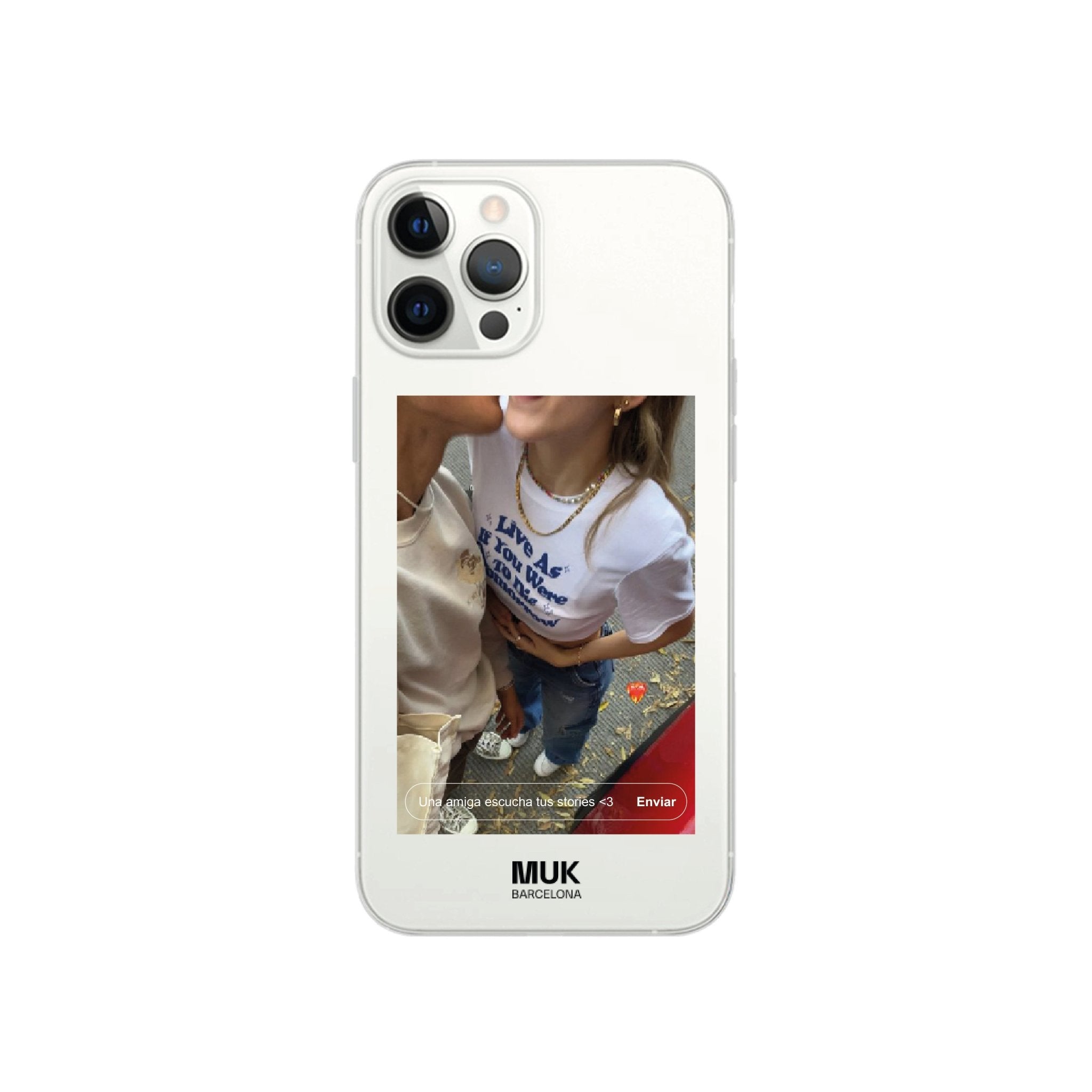 Funda de móvil transparente con foto personalizable estilo stories/historia de Instagram.
