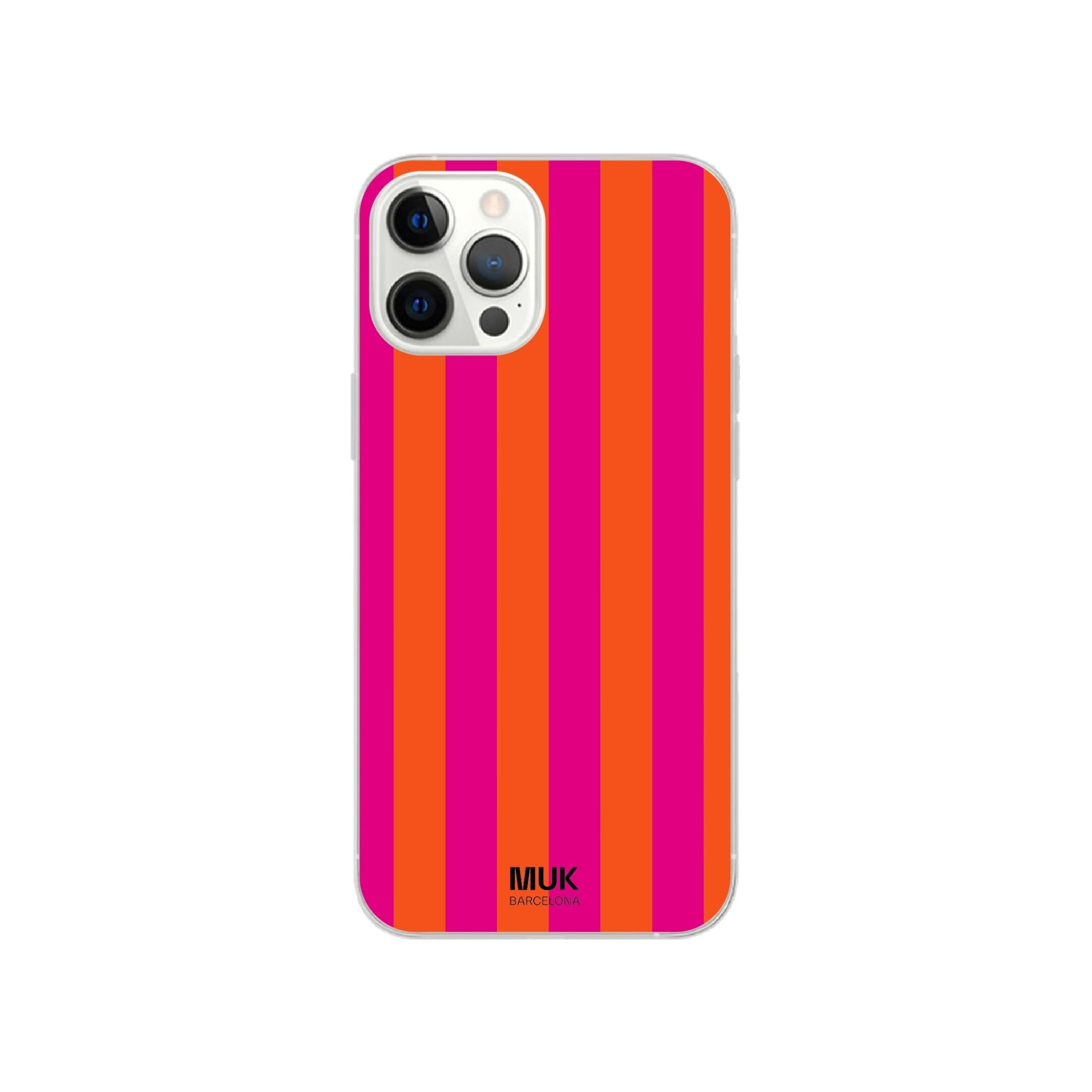 Clear phone case with pink and orange stripes.
