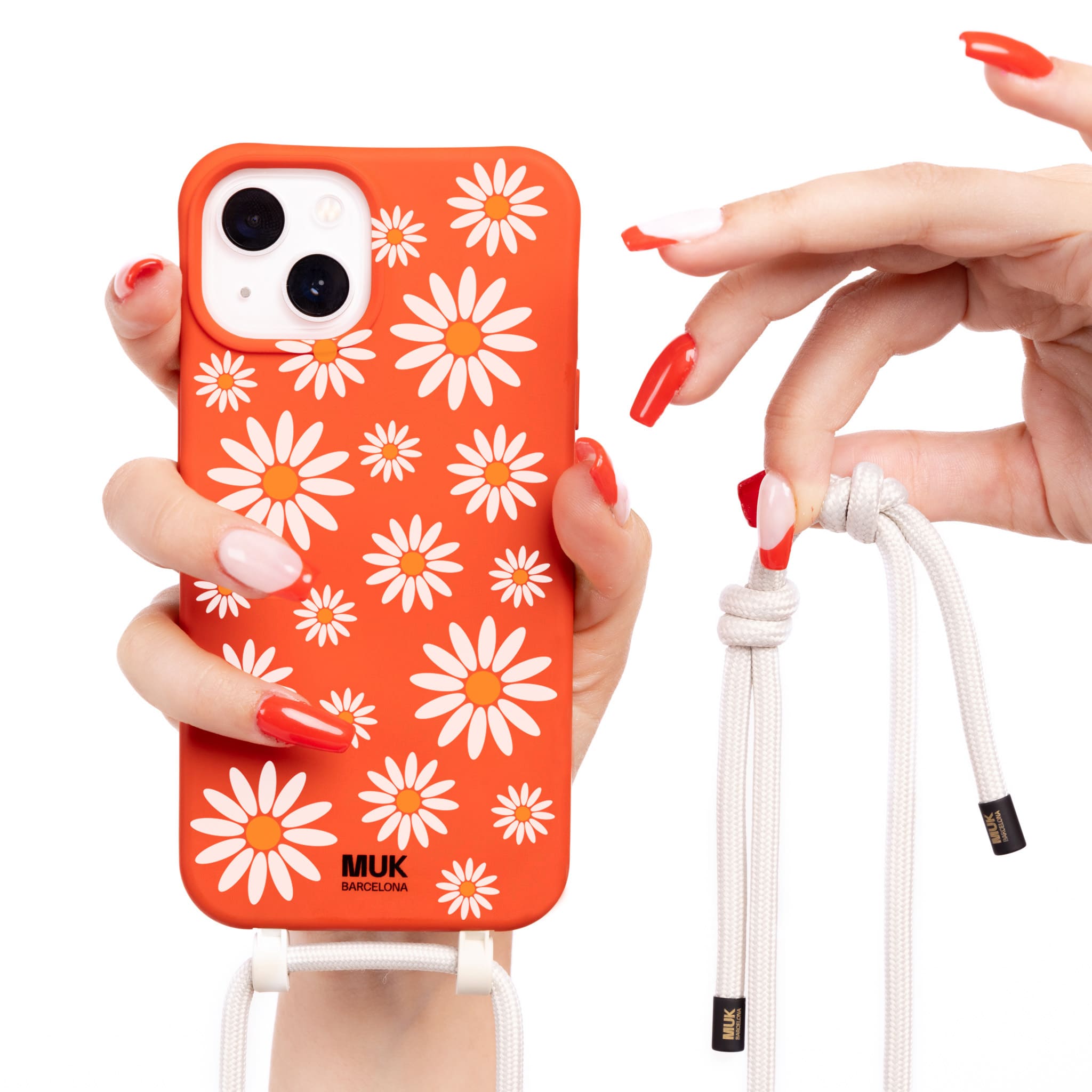  Phone Case compatible with MagSafe with a daisy print on a brick-colored base.  Phone Cases with wireless charging (from iPhone12).
