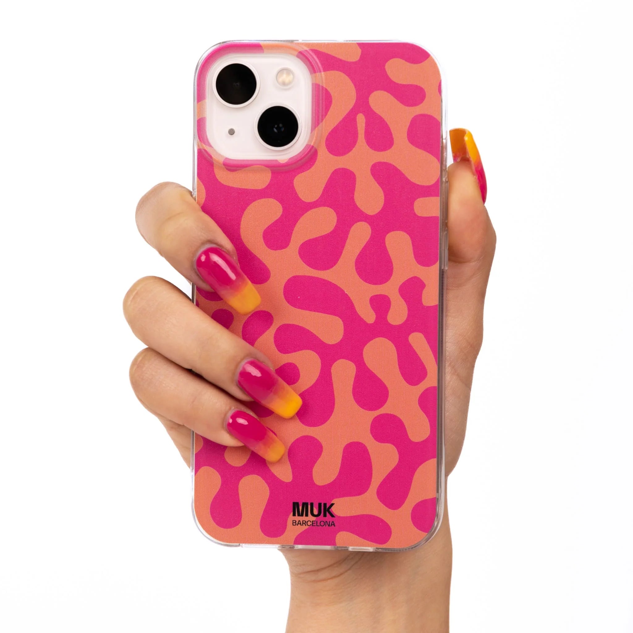 Funda de móvil transparente con estampado coral rosa y naranja.
