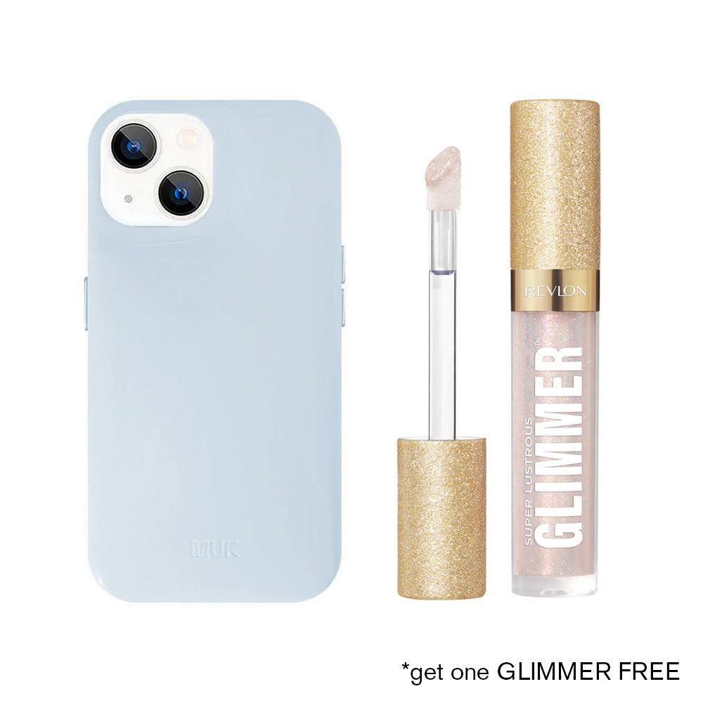 Puffy phone case in shiny blue patent leather with engraved logo.
