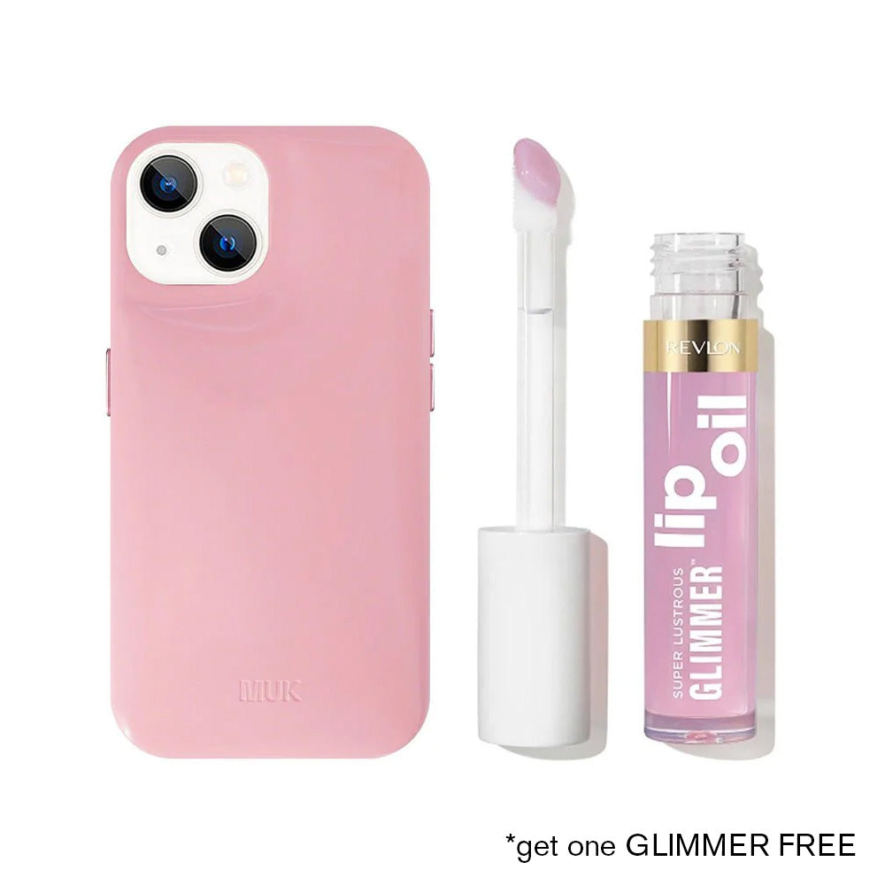 Puffy pink shiny patent leather phone case with engraved logo.
