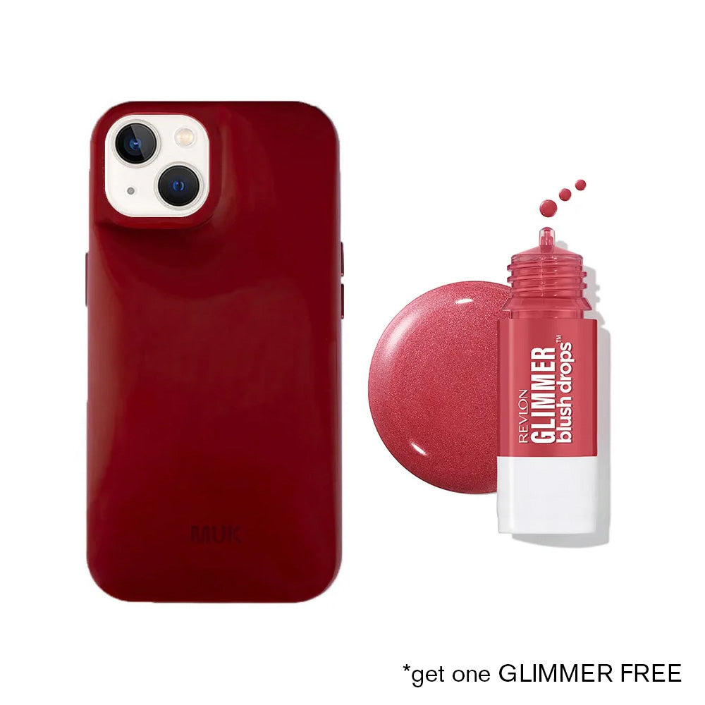 Puffy phone case in shiny burgundy patent leather with engraved logo.
