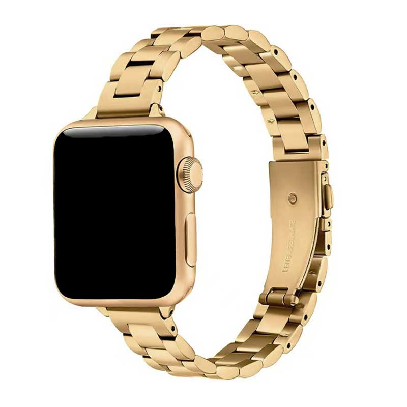 Gold-colored metal strap for Apple Watch. Made of high-strength stainless steel, with solid link design and safety folding clasp. 
Offers a comfortable and durable fit, ideal for sophisticated styling. 

