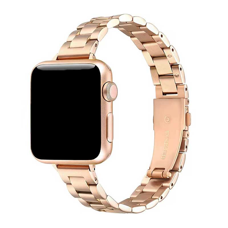 Metallic strap type links gold pink finish for Apple Watch. Made of high strength stainless steel, with solid link design and safety folding clasp. 
Offers a comfortable and durable fit, ideal for sophisticated styling. 

