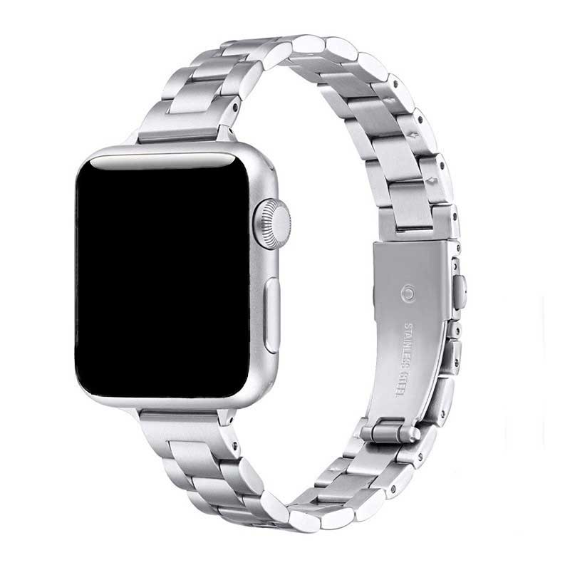 Silver metallic link type strap for Apple Watch. Made of high-strength stainless steel, with solid link design and safety folding clasp. 
Offers a comfortable and durable fit, ideal for sophisticated styling. 
