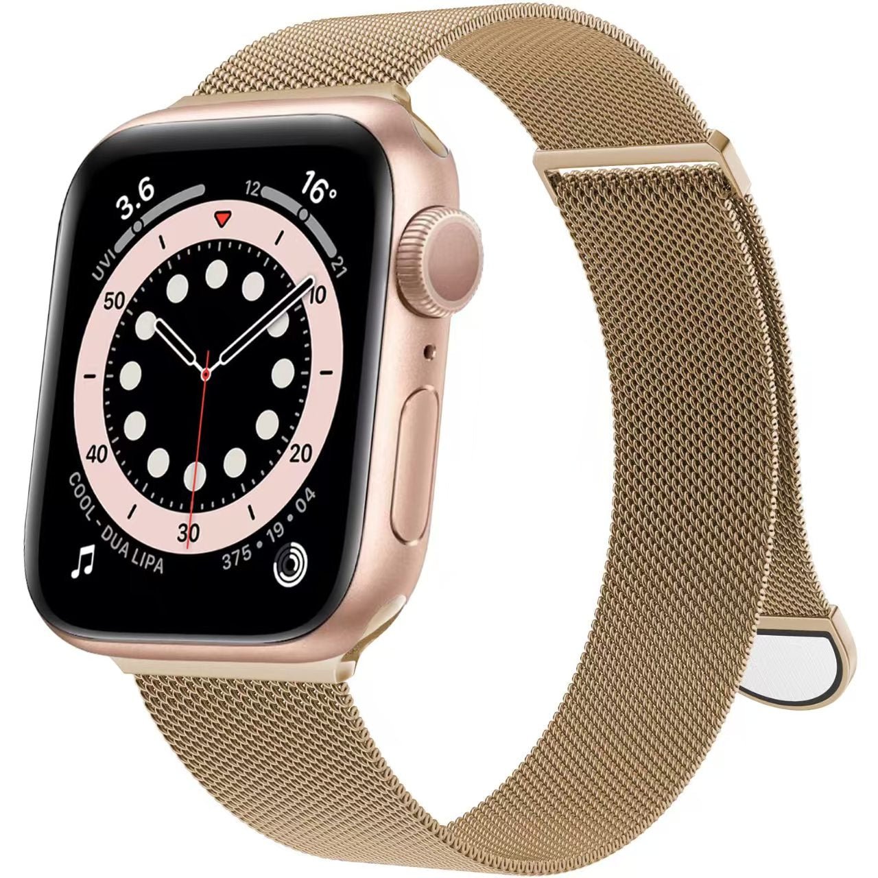 Gold-colored Apple Watch band made of lightweight, breathable and durable stainless steel mesh. Its metal clasp allows a precise and comfortable fit on the wrist. 
