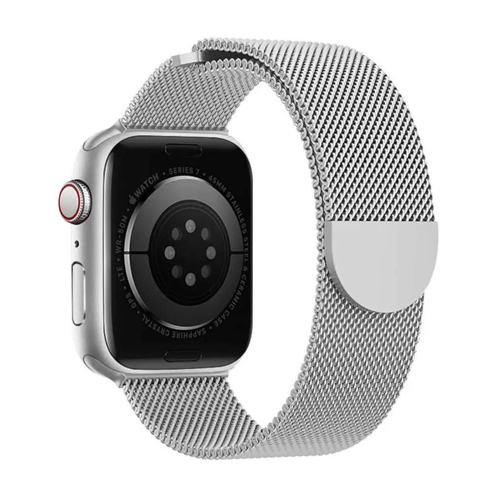 Silver Apple Watch strap made of stainless steel made of lightweight, breathable and durable mesh. Its metal clasp allows a precise and comfortable fit on the wrist. 
