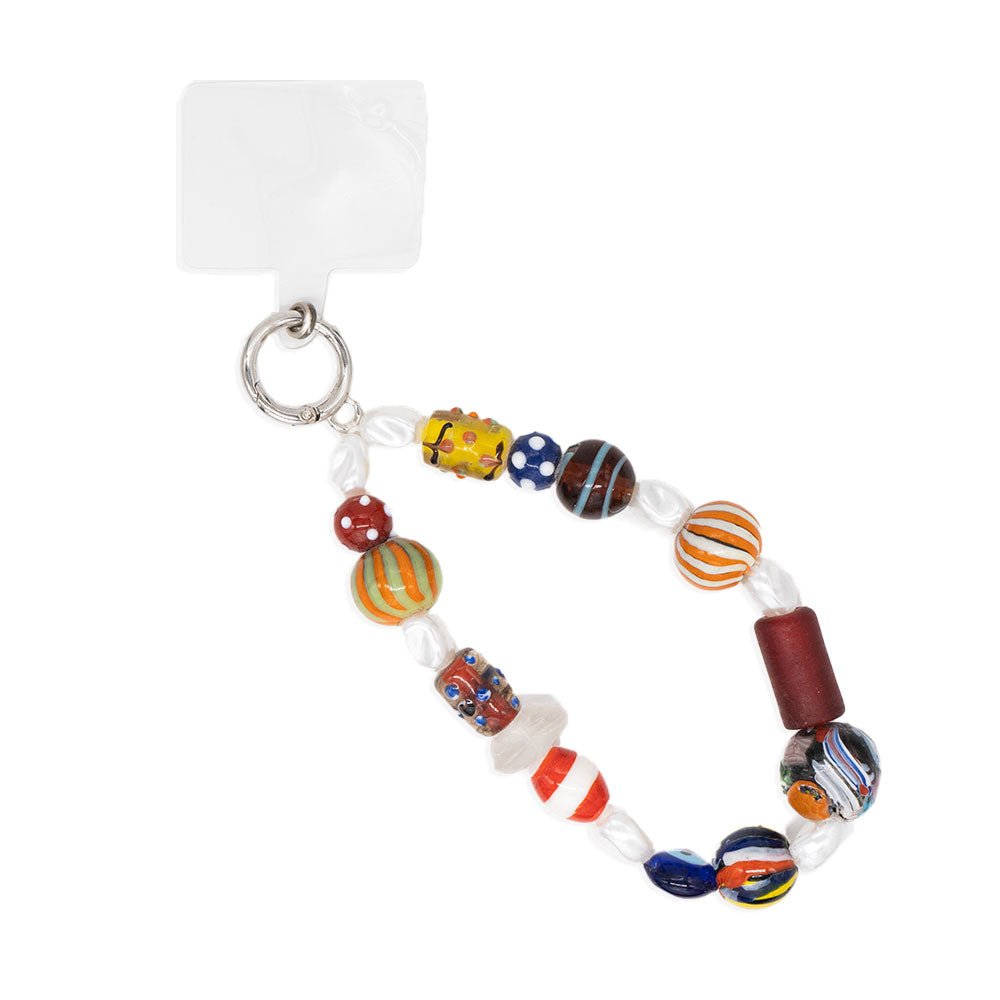 Universal beaded cord adaptable to any model and mobile phone case. Includes universal transparent plastic adapter.
