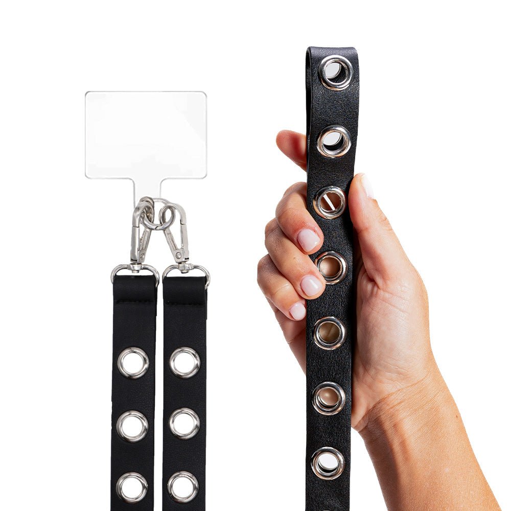 Universal black leather rope, 120 cm long, with perforated silver studs. Includes transparent universal adapter.
