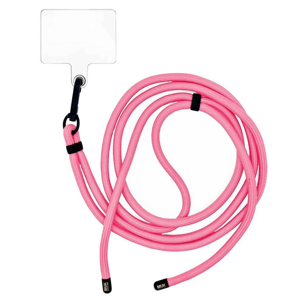 Cuerda Universal pink de 75cm de largo adaptable a cualquier modelo y funda de móvil. Viene incluido adaptador universal de plástico transparente. 
