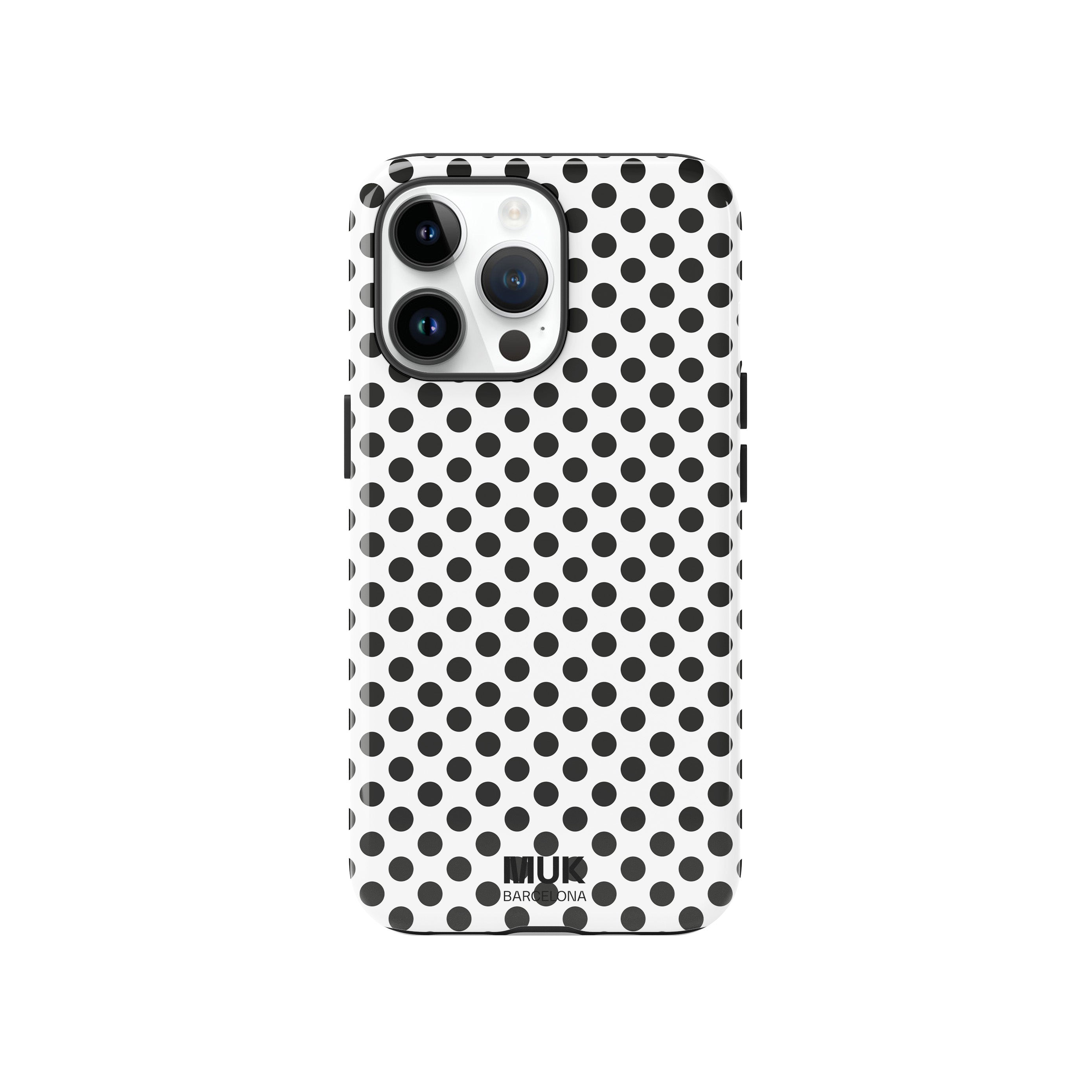 White Double Layer Mobile Phone Case with MagSafe and Black Polka Dot Print 
Protection, functionality and style; this cell phone case offers all-around defense without sacrificing design. 
The case features dual layers of protection:
Inner layer of flexible silicone that absorbs impacts and adapts perfectly to the contour of the mobile, integrating a MagSafe compatible magnet ( from iPhone 12) that allows fast and secure wireless charging, without removing the case.
Rigid polycarbonateouter layer, designed to offer additional resistance against drops, scratches and daily wear and tear.
Thanks to its ergonomic design, the case fits comfortably in your hand and allows easy access to all buttons and ports. It is the ideal combination of safety, functionality and original design.
