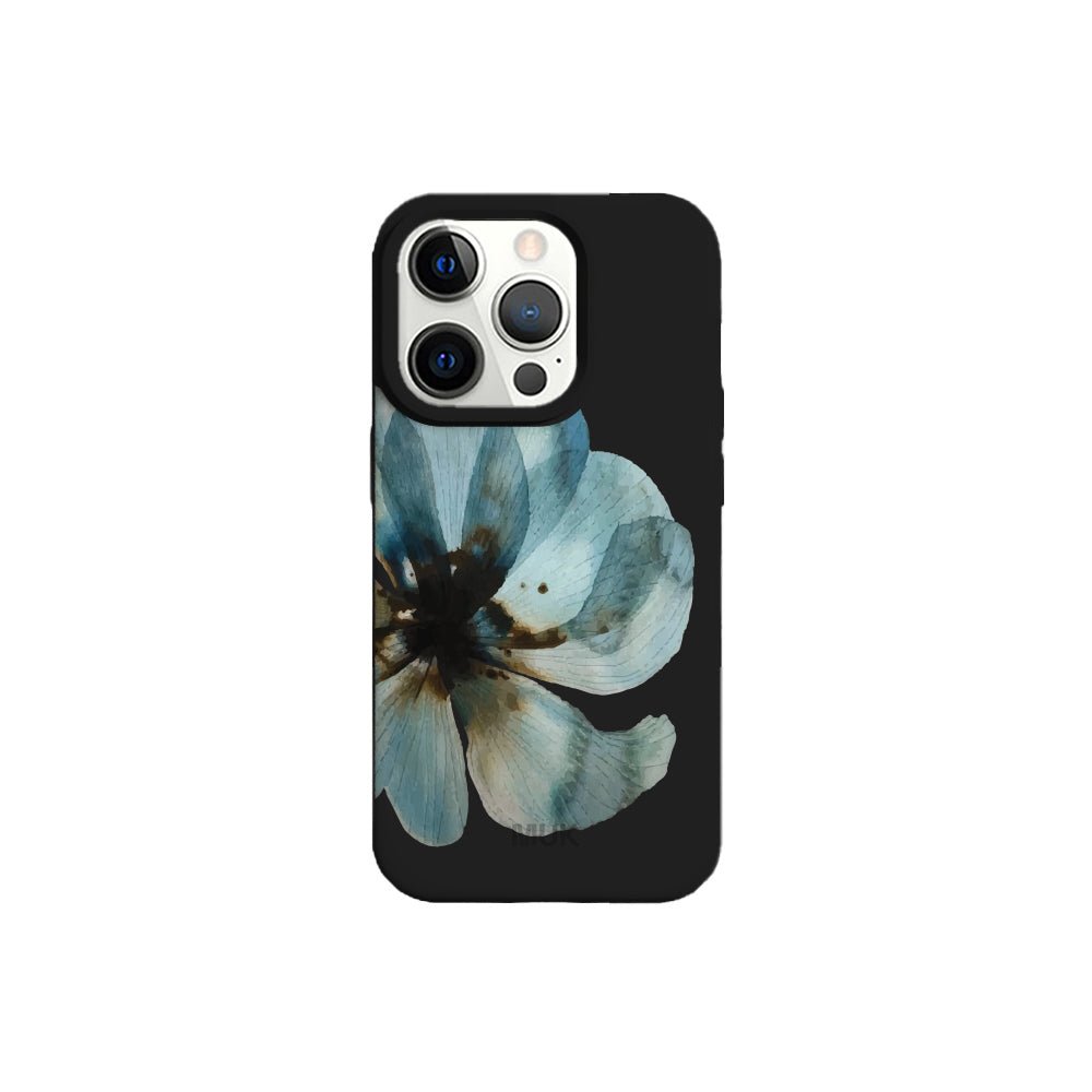 Black TPU mobile case with blue flower design
