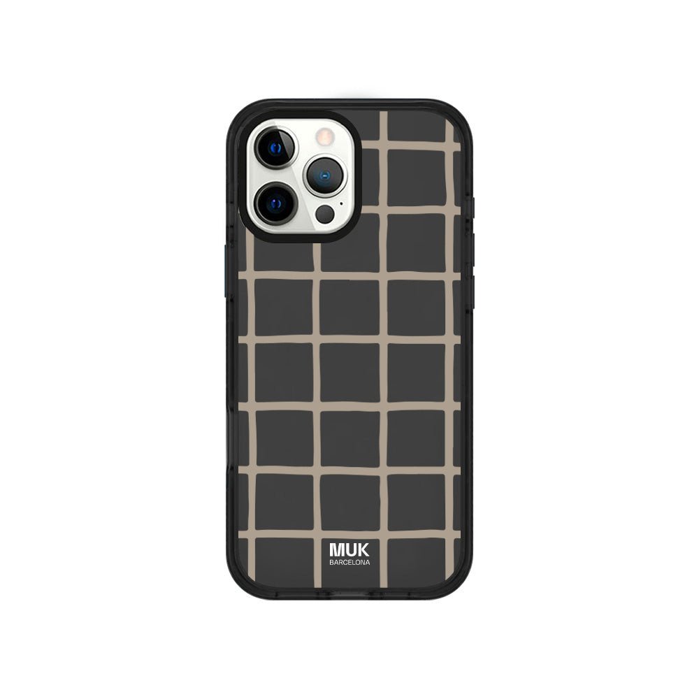 Black bumper translucent phone case, with anti-shock protection and beige grid design. Compatible with Magsafe.

