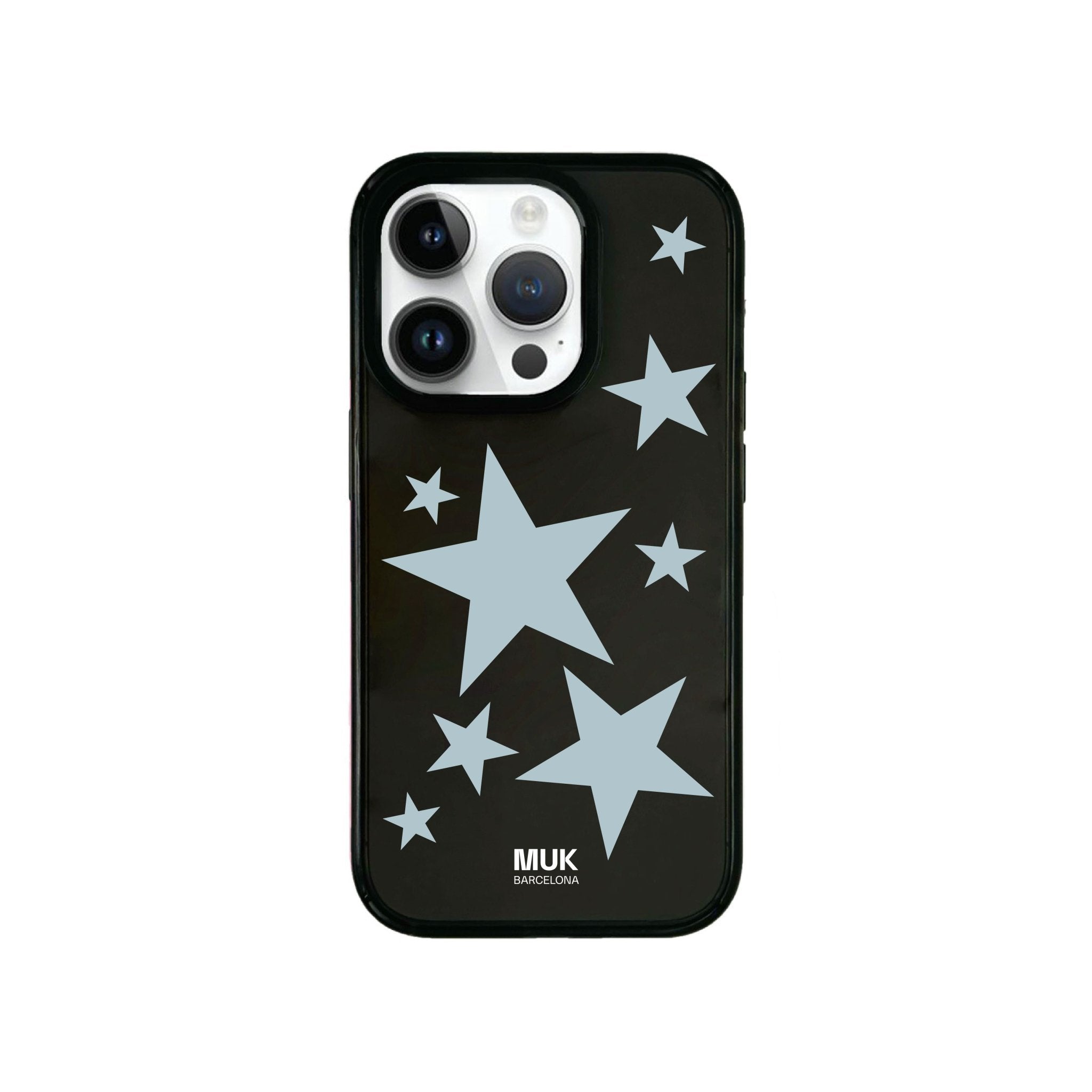 Black bumper translucent phone case with blue stars design, with anti-shock protection.

