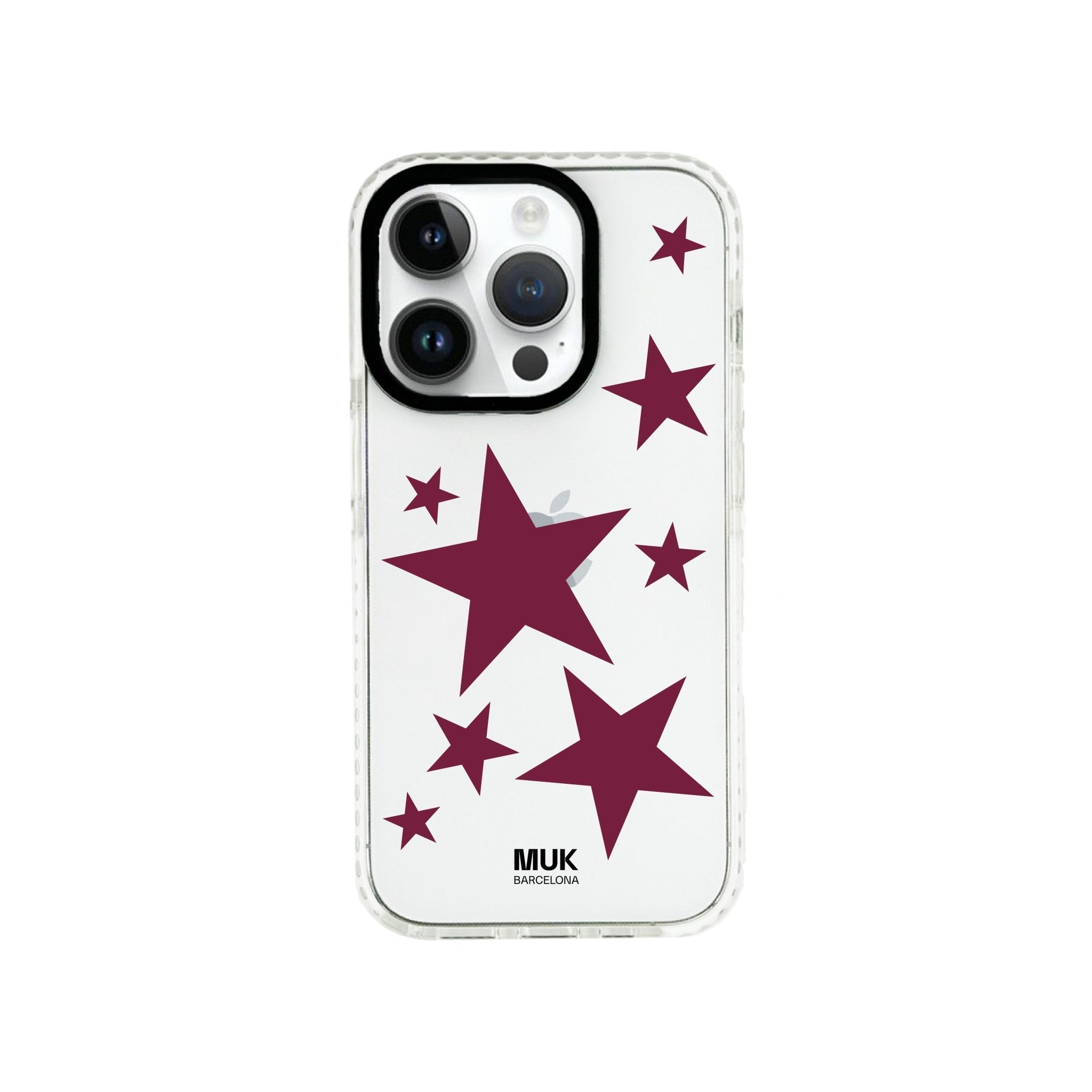 Transparent bumper phone case with star design in bourdeous color, with anti-shock protection.

