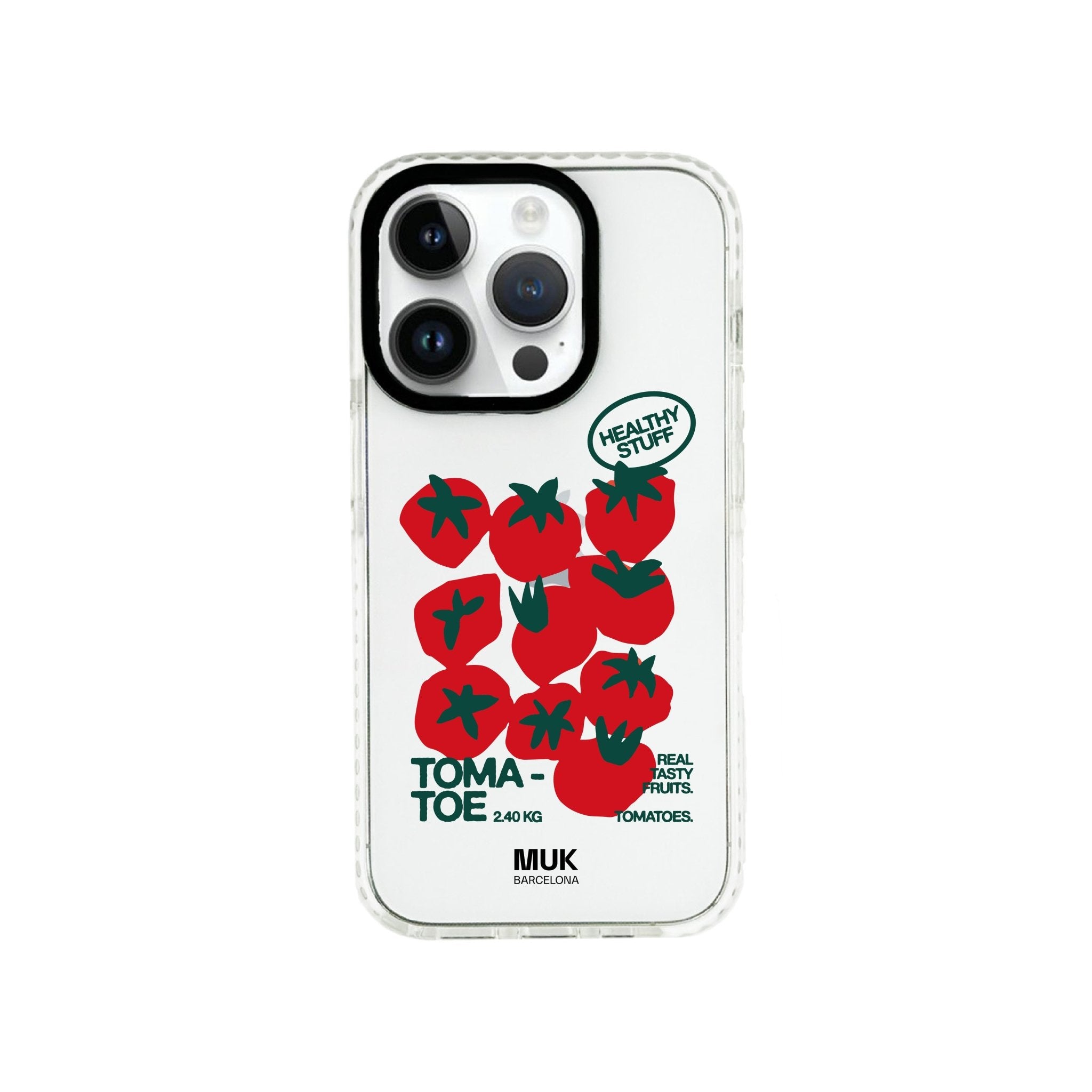 Transparent bumper phone case with tomato design, with anti-shock protection.

