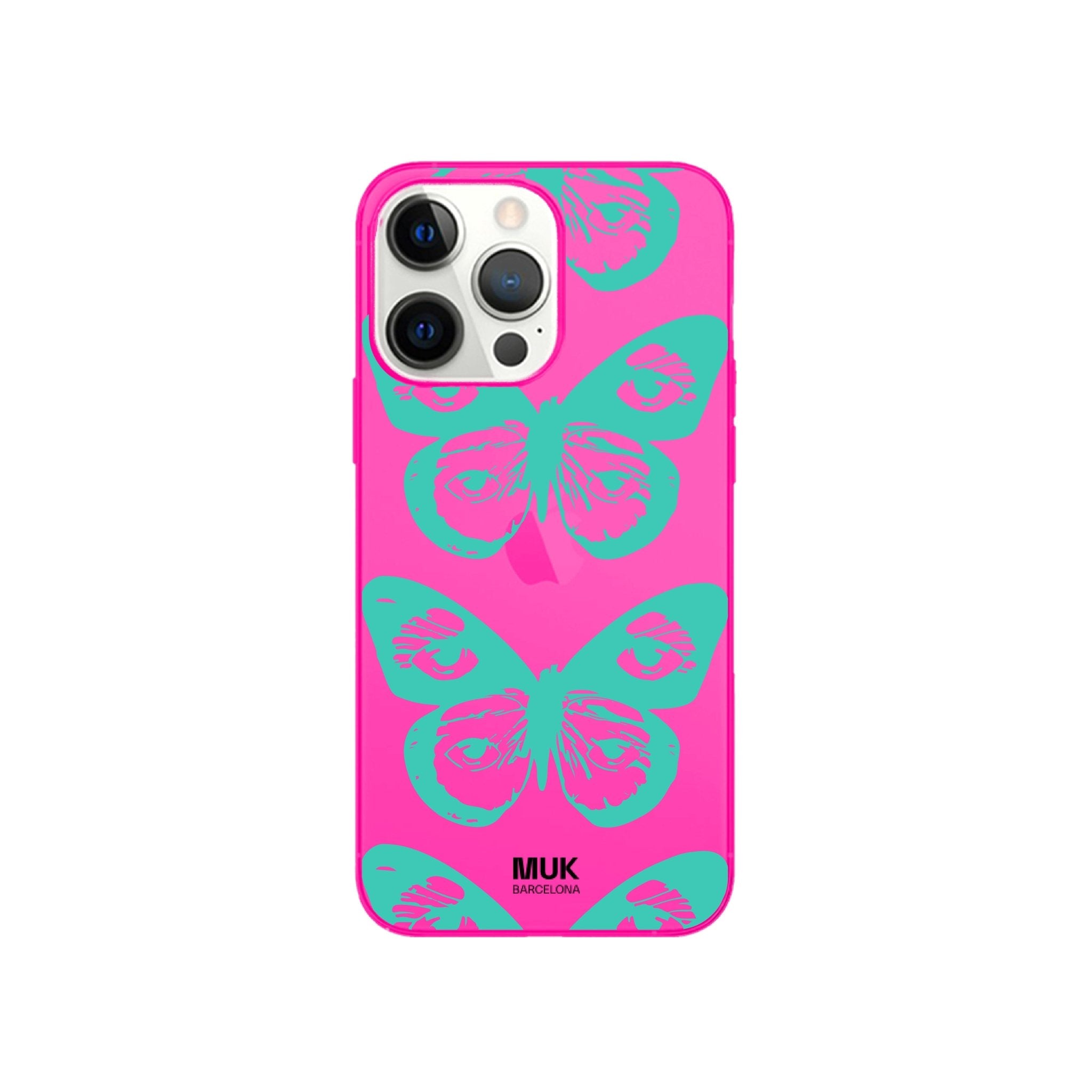 Funda de móvil color pink fluor con diseño de mariposa
