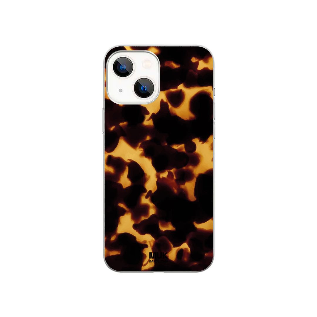 Transparent&nbsp;phone case with tortoiseshell print.
