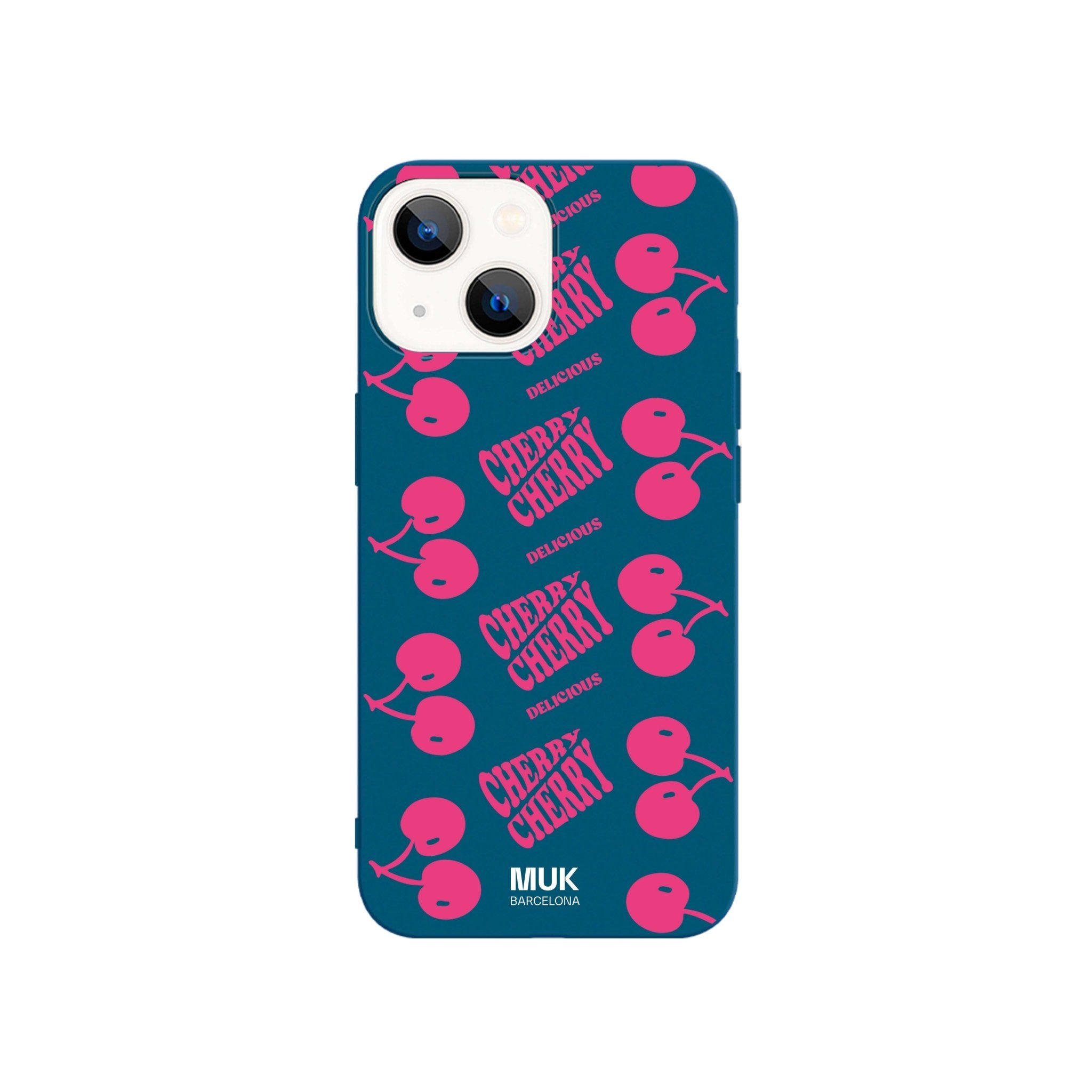 Funda de móvil TPU azul con diseño de cerezas y frase "Cherry Delicious".

