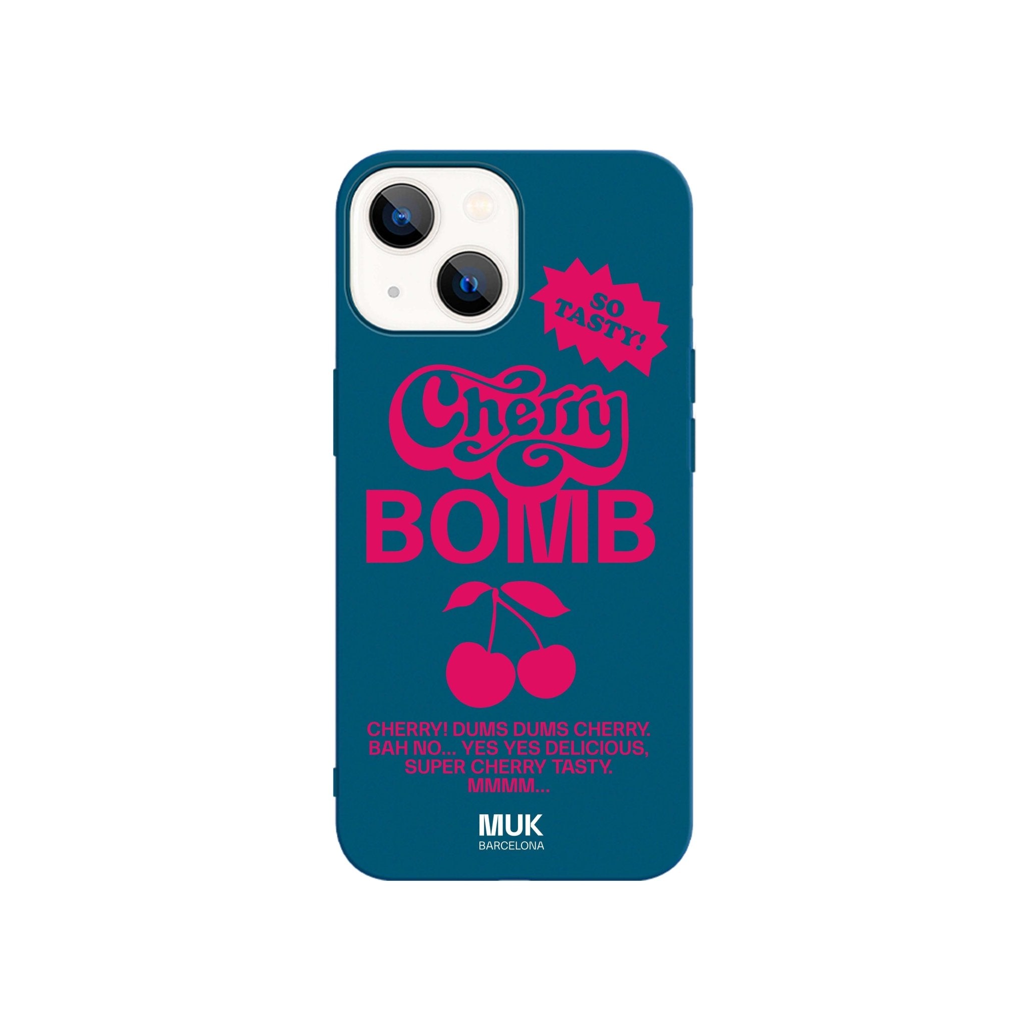 Funda de móvil TPU azul con diseño de cerezas y frase "Cherry bomb" en color rosa fucsia.
