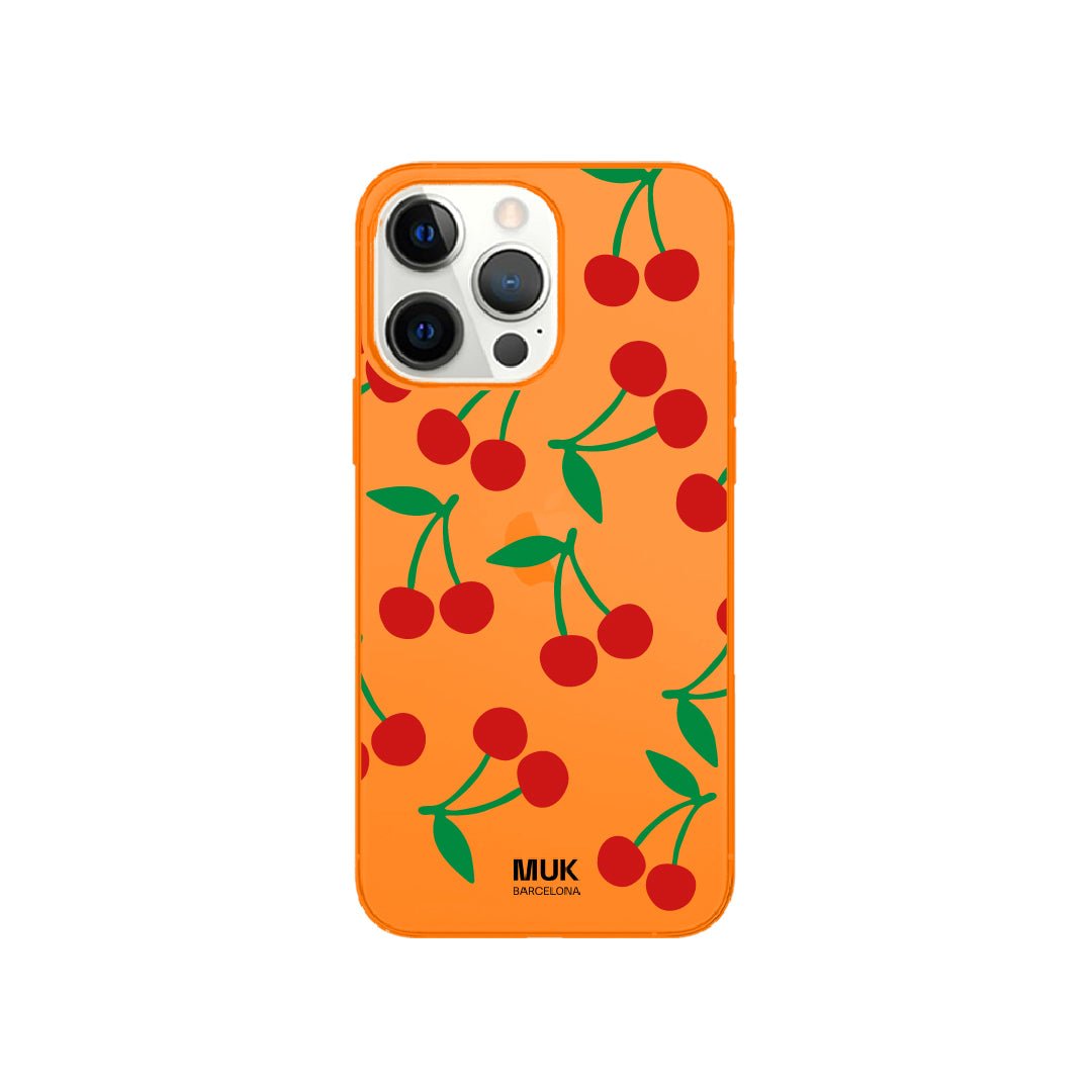 Orange fluor phone case with cherry design
