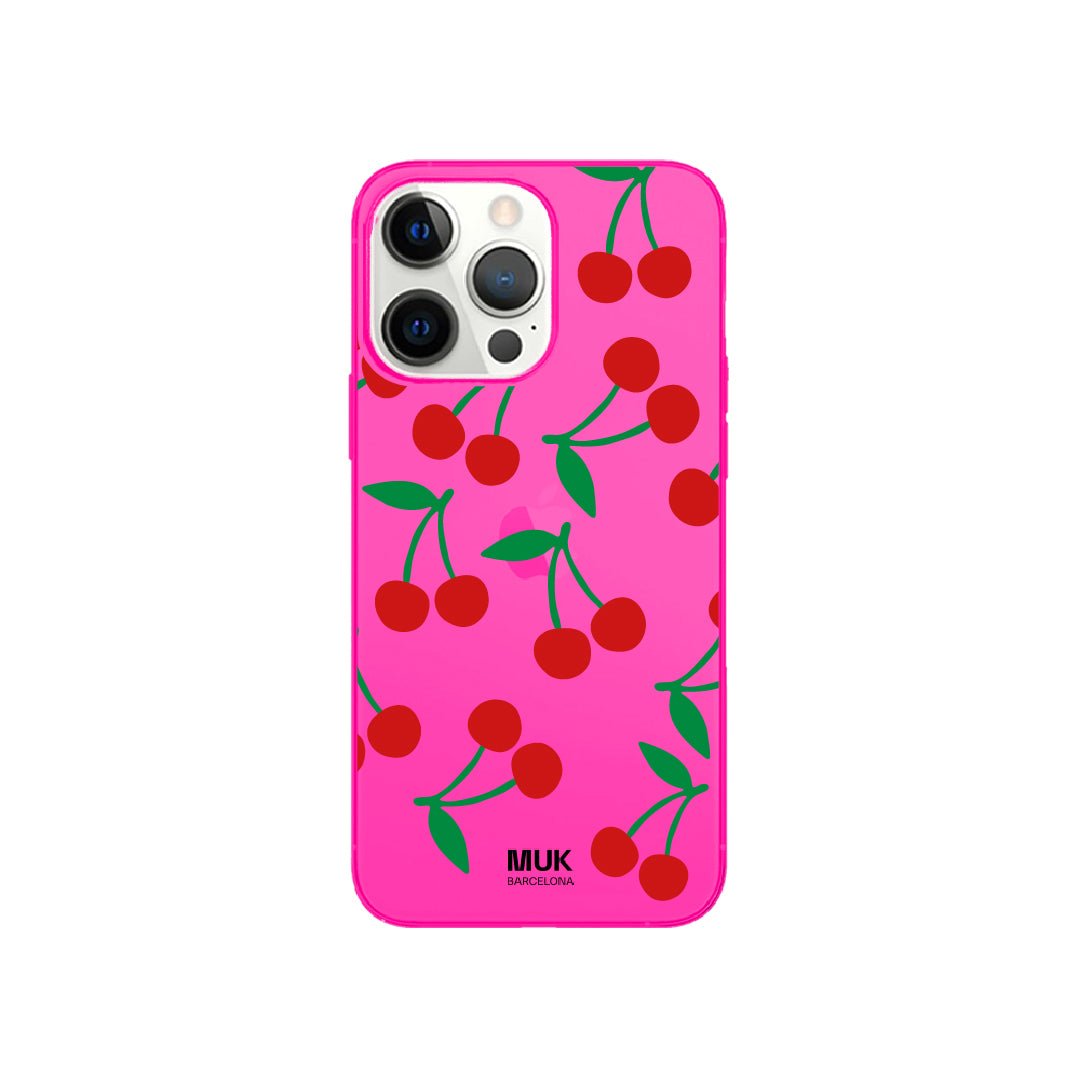 Funda de móvil color pink fluor con diseño de cerezas
